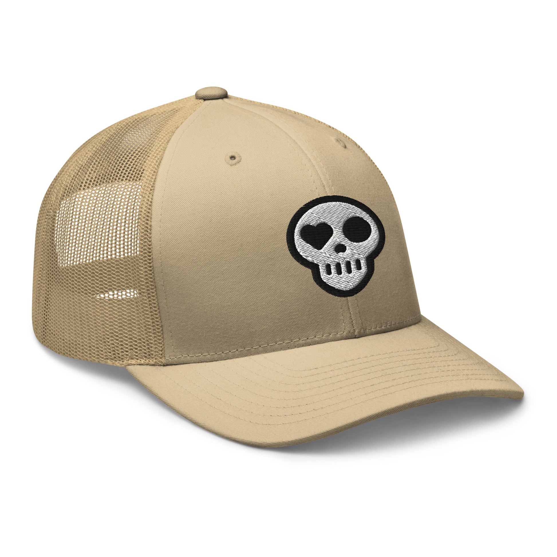 A hats_nomad trucker from Phobea with a heart eye skull logo