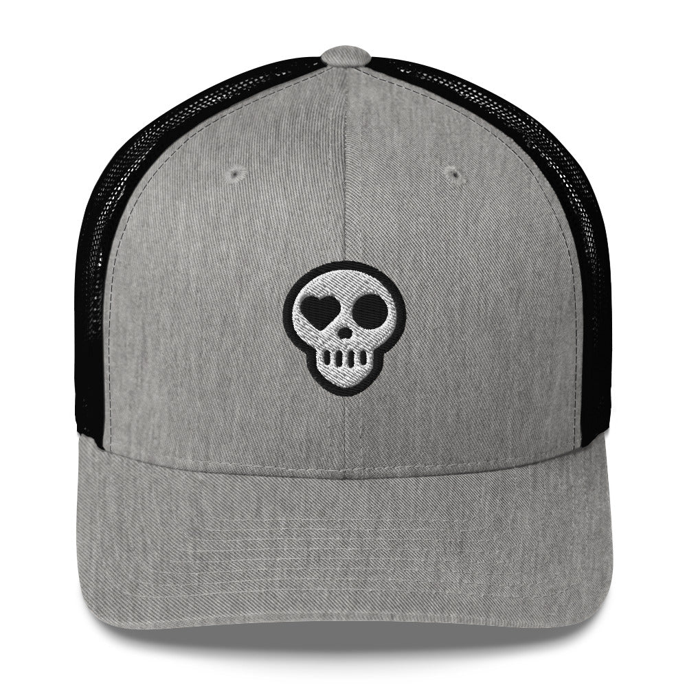 A Heather/ Black Hats - Nomad Trucker from Phobea with a heart eye skull logo