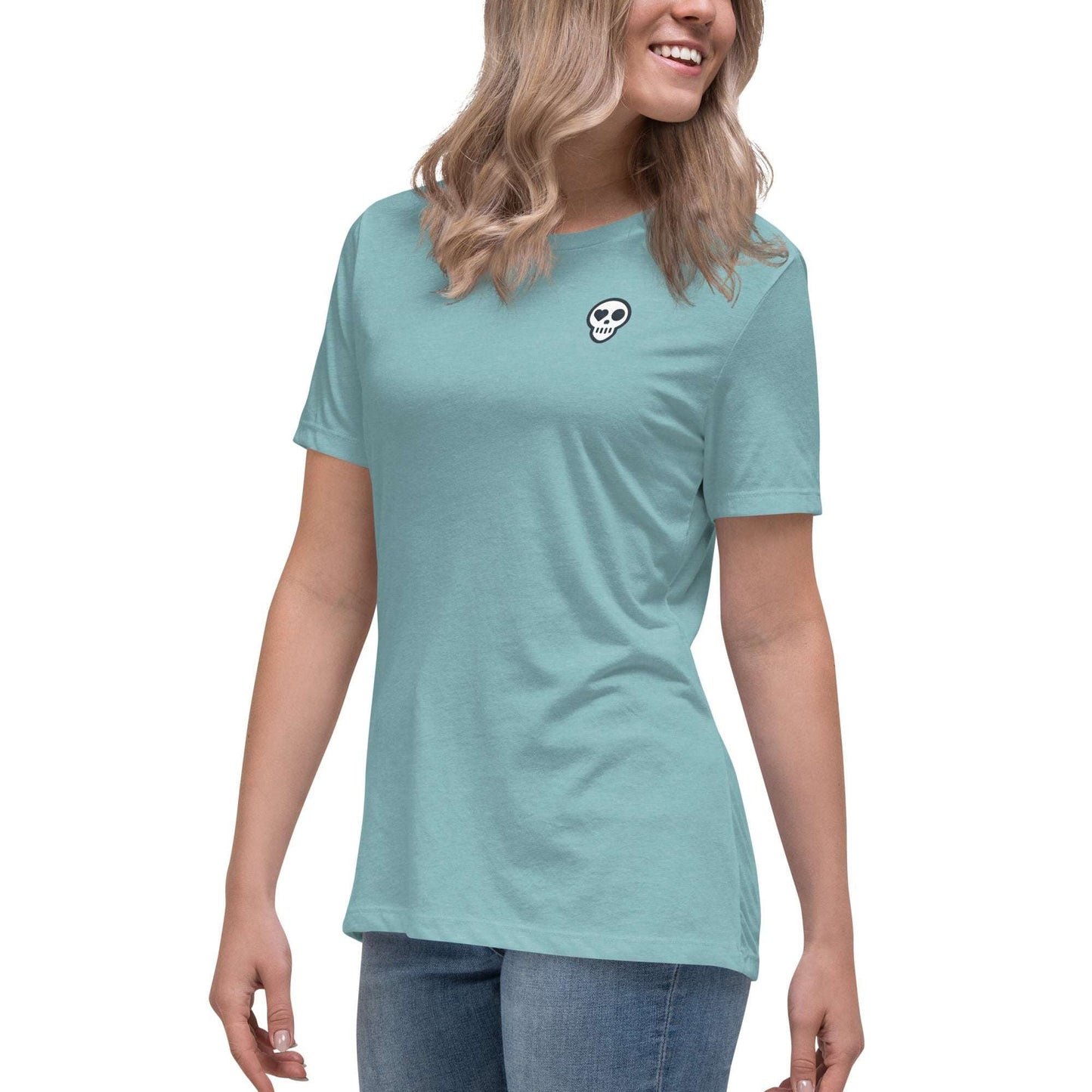 A Heather Blue Lagoon / S womens_Echo Tee from Phobea with a heart eye skull logo