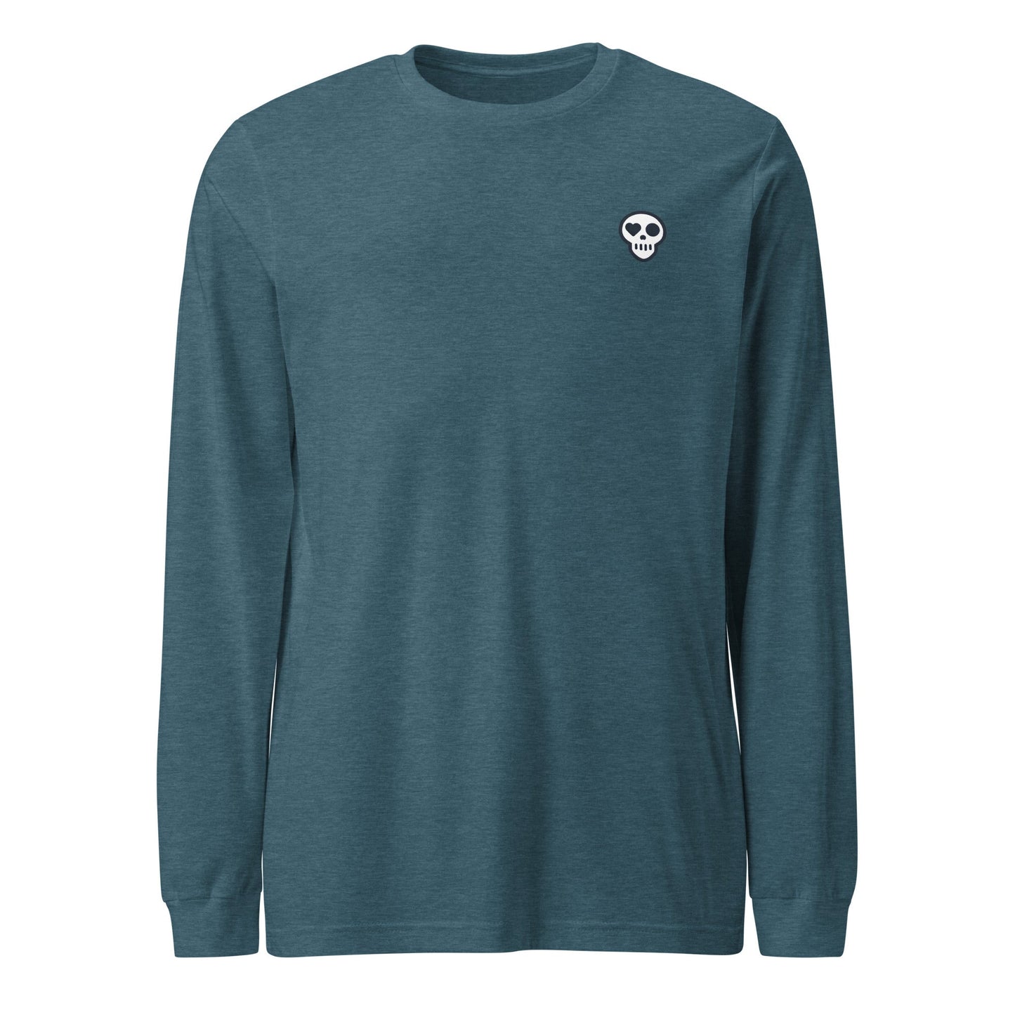 A Heather Deep Teal / XS unisex_rest_tee_longsleeve from Phobea with a heart eye skull logo
