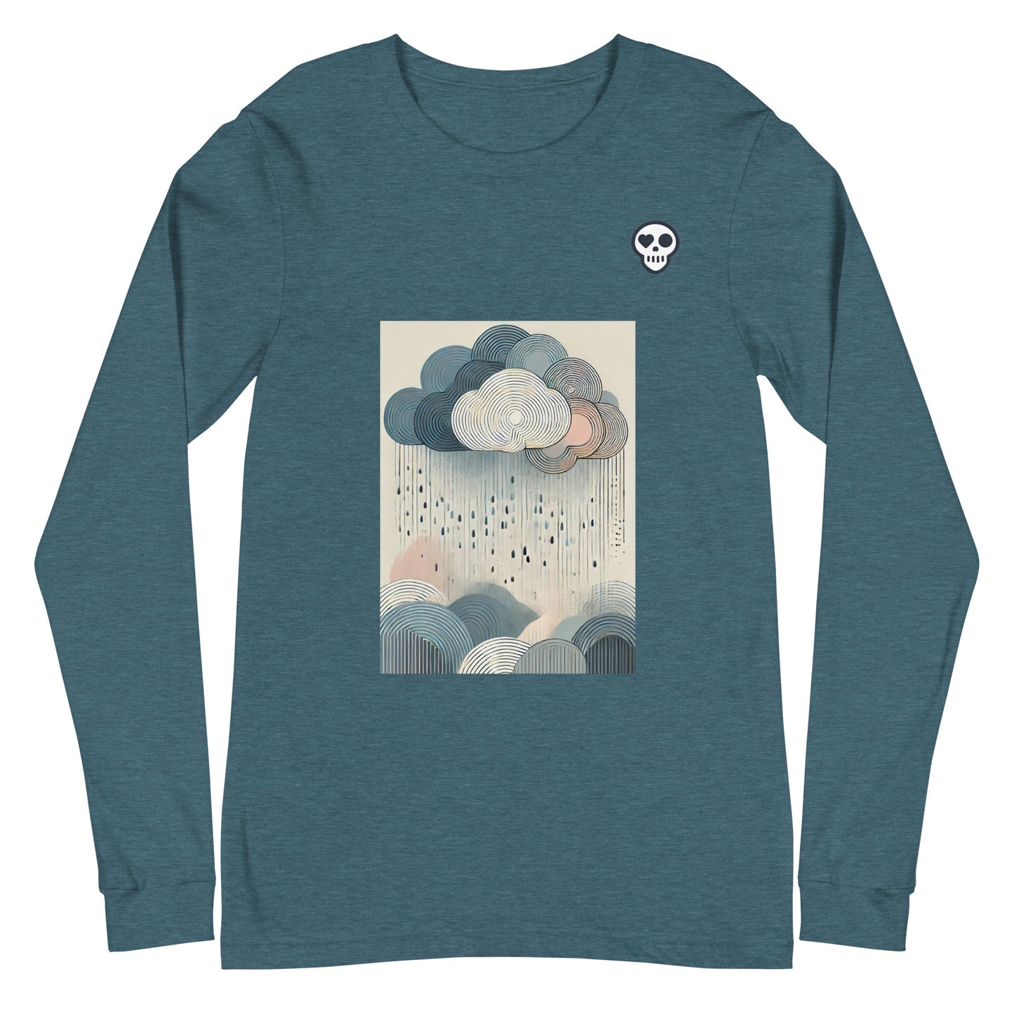 A Heather Deep Teal / XS unisex_soft resistance long tee from Phobea with a heart eye skull logo