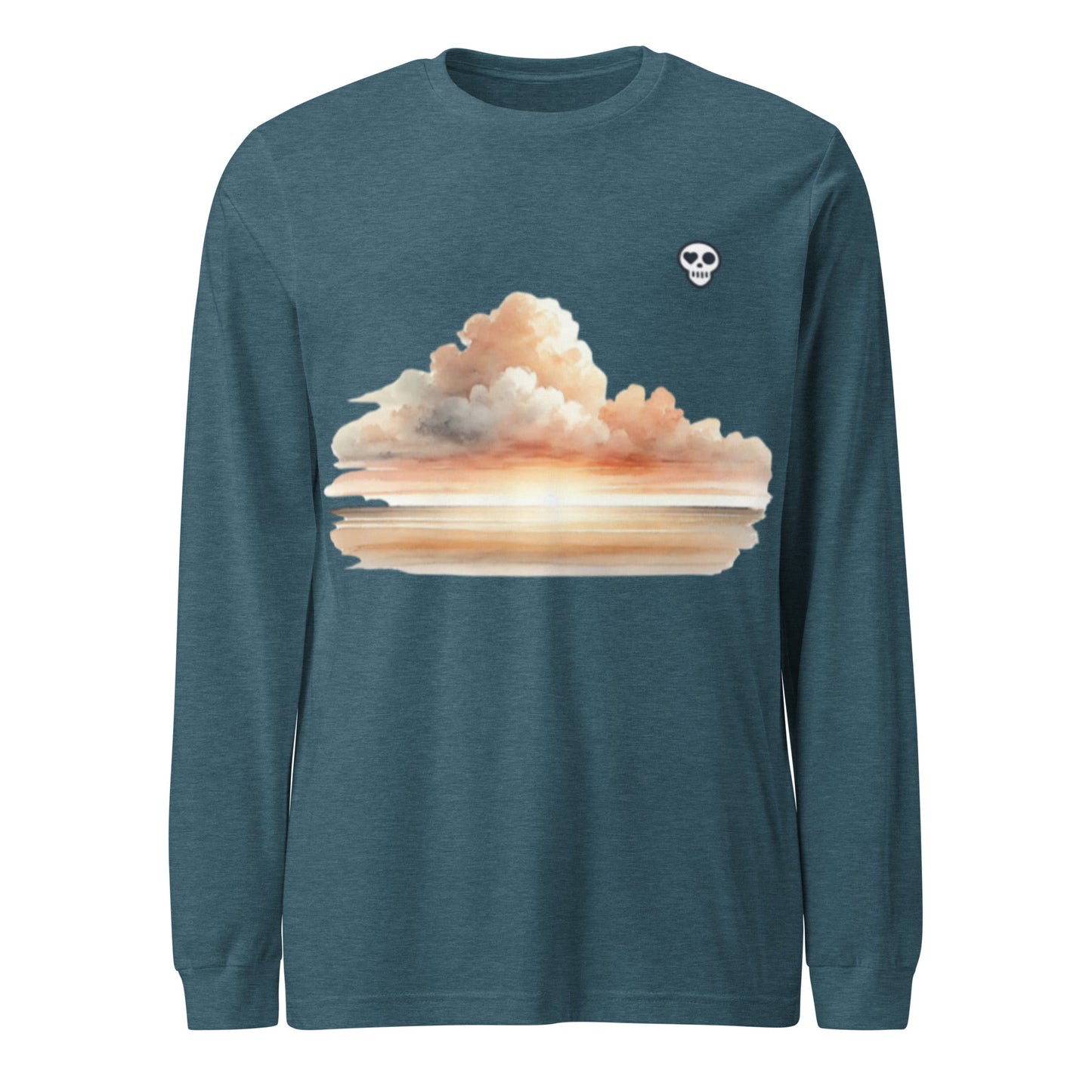 A Heather Deep Teal / XS unisex_wait for this tee_longsleeve from Phobea with a heart eye skull logo