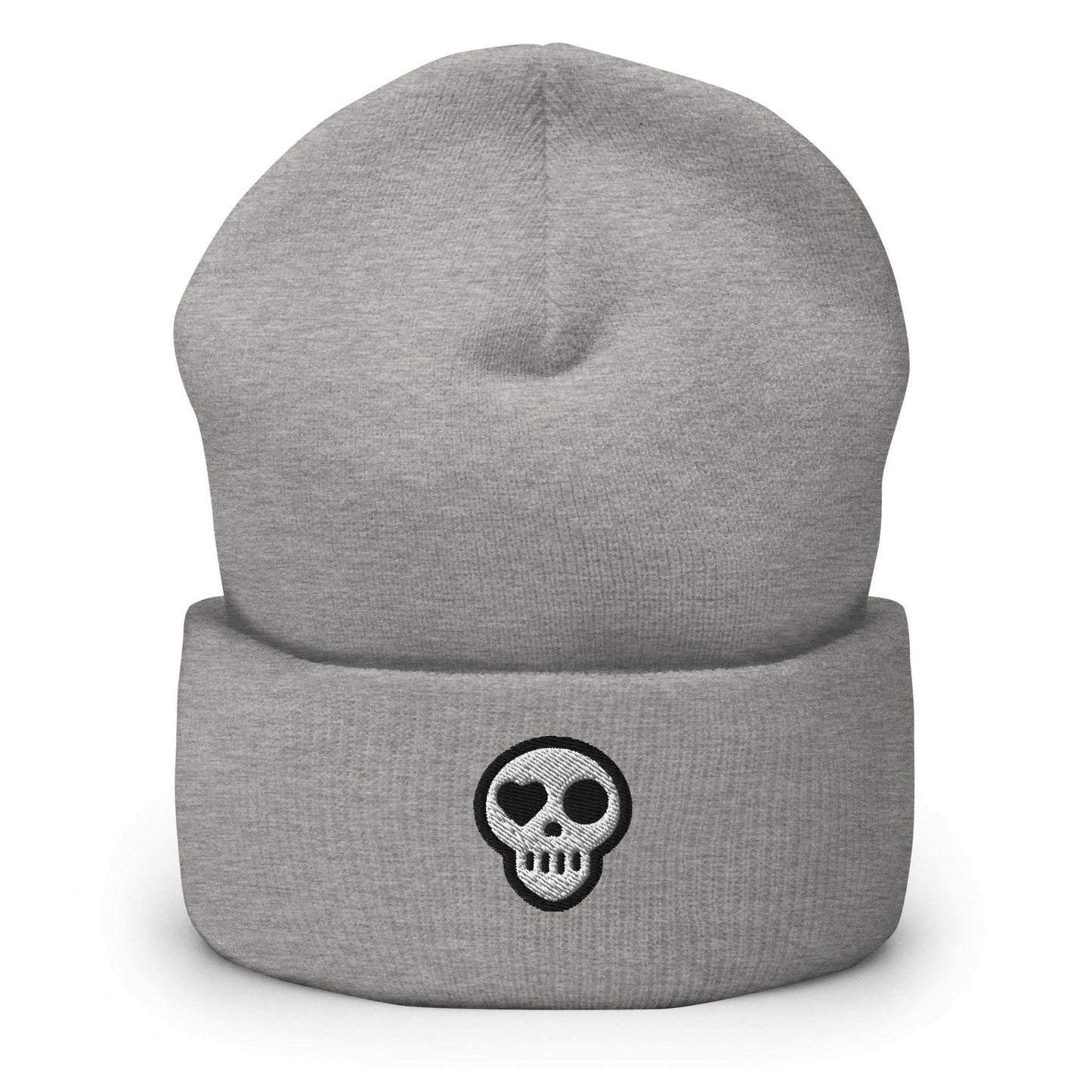 A Heather Grey Hats - Hearth Beanie from Phobea with a heart eye skull logo