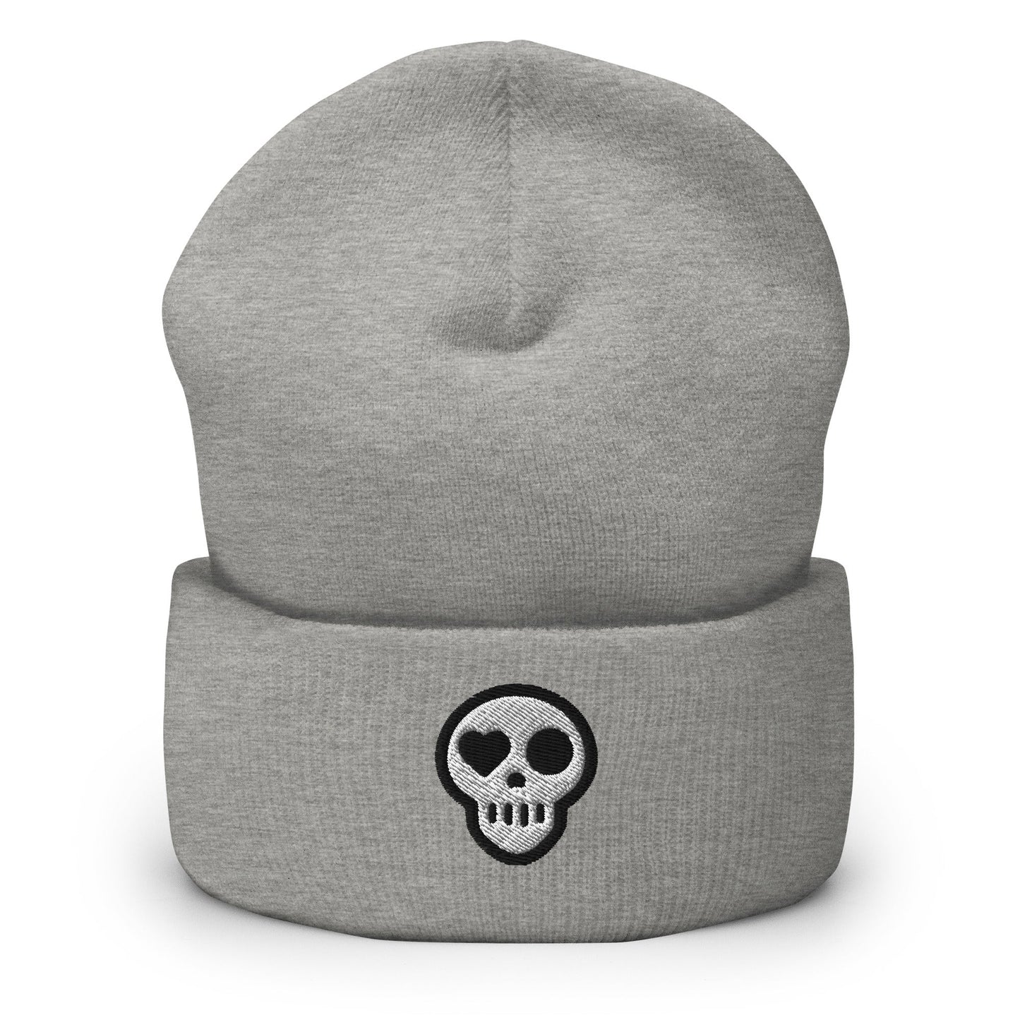 A Heather Grey hats_hearth beanie from Phobea with a heart eye skull logo