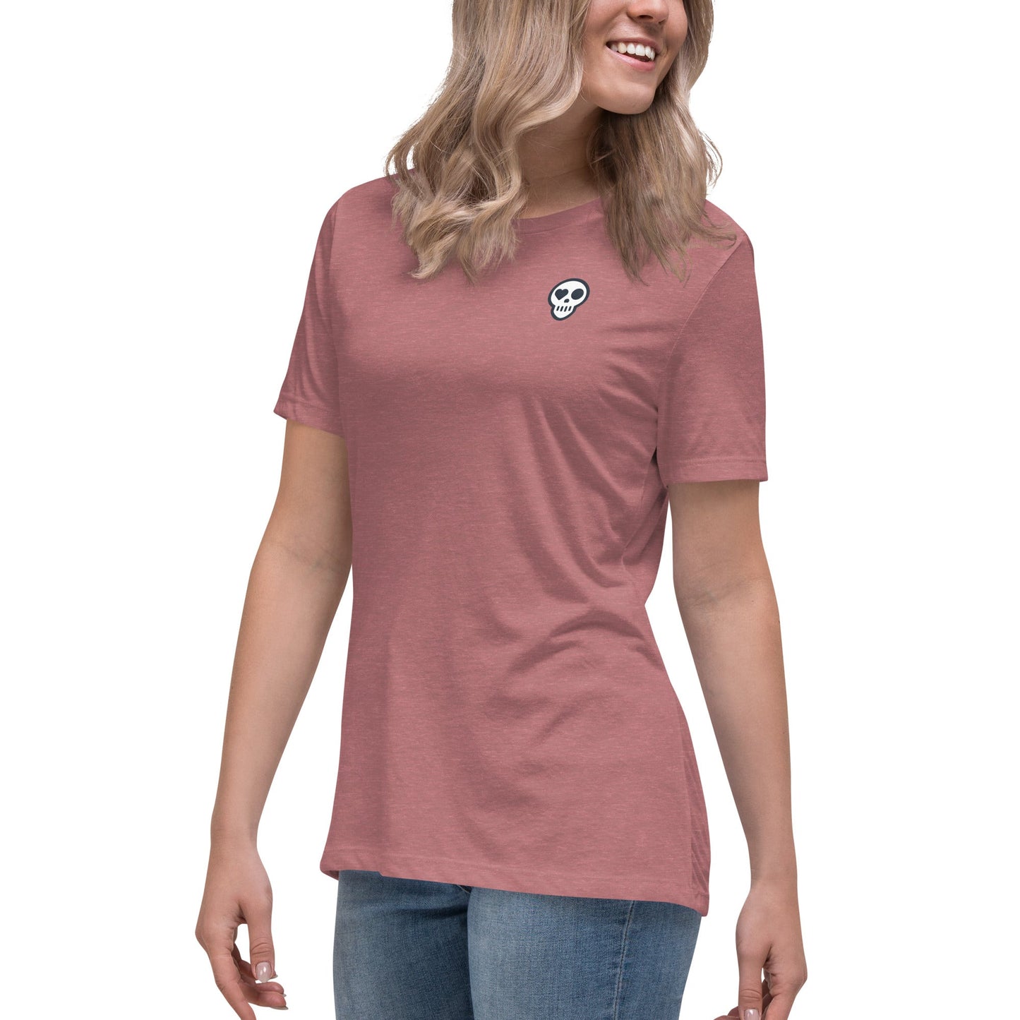 A Heather Mauve / S womens_Echo Tee from Phobea with a heart eye skull logo