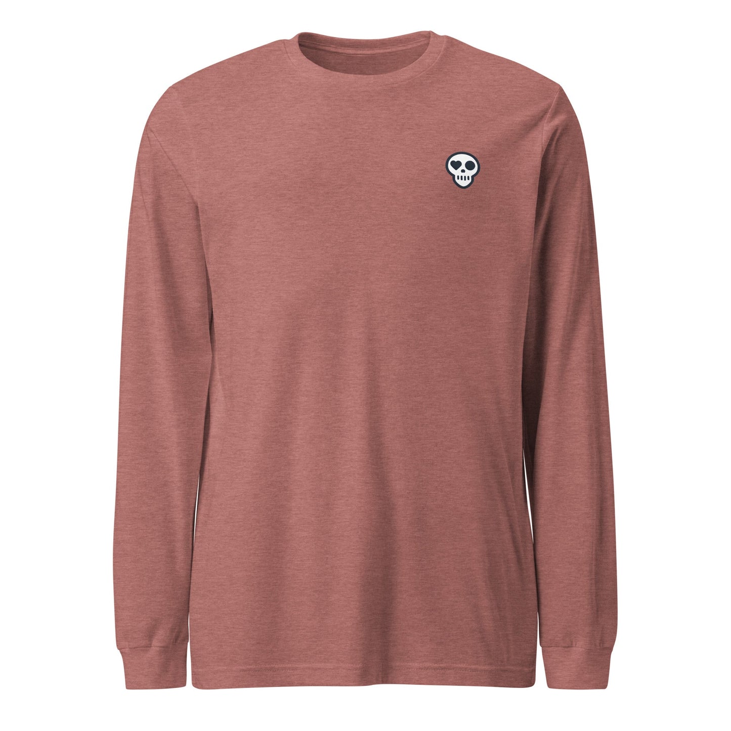 A Heather Mauve / XS unisex_2i tee_longsleeve from Phobea with a heart eye skull logo
