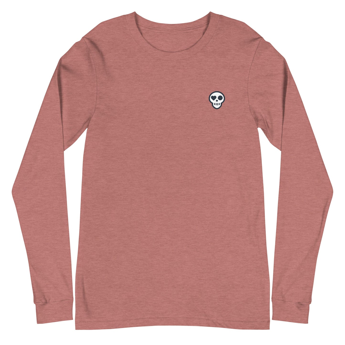 A Heather Mauve / XS unisex_resurgence sleeve from Phobea with a heart eye skull logo