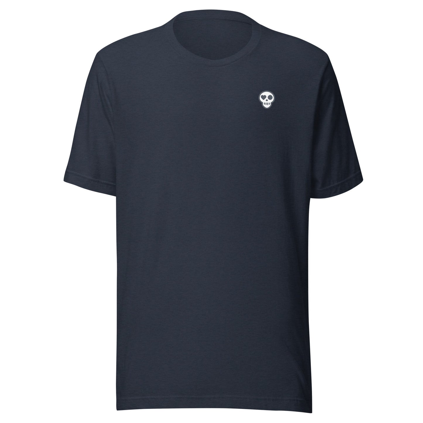 A Heather Navy / XS unisex_2i tee_reg from Phobea with a heart eye skull logo