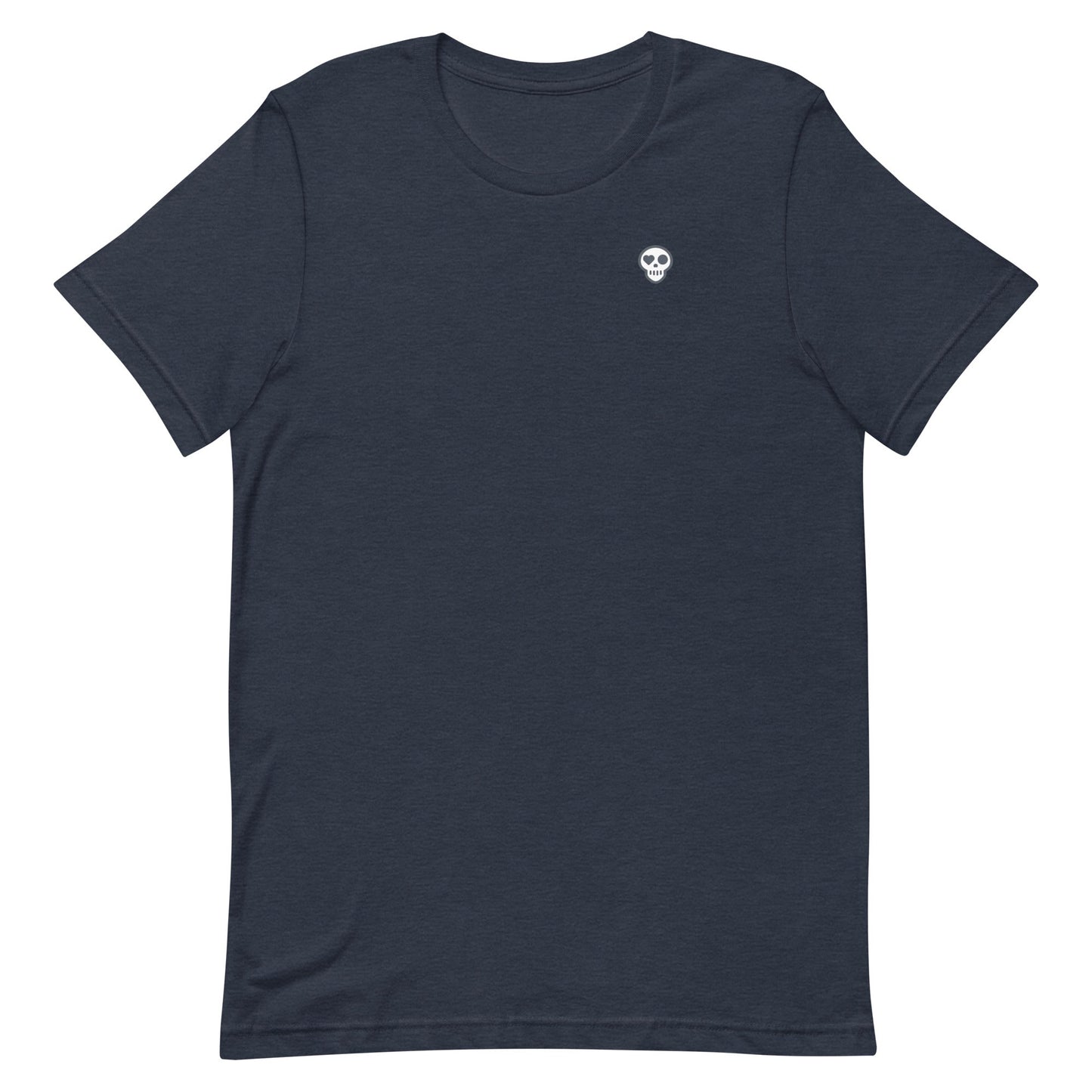 A Heather Navy / XS unisex_Ember Tee from Phobea with a heart eye skull logo