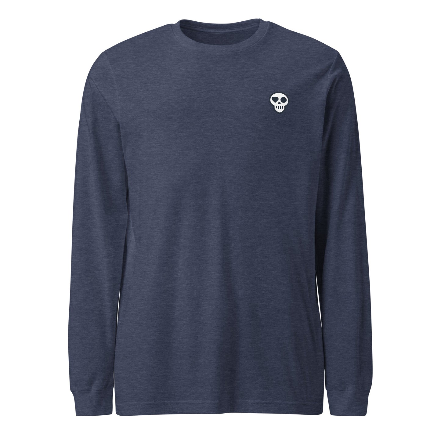 A Heather Navy / XS unisex_rest_tee_longsleeve from Phobea with a heart eye skull logo