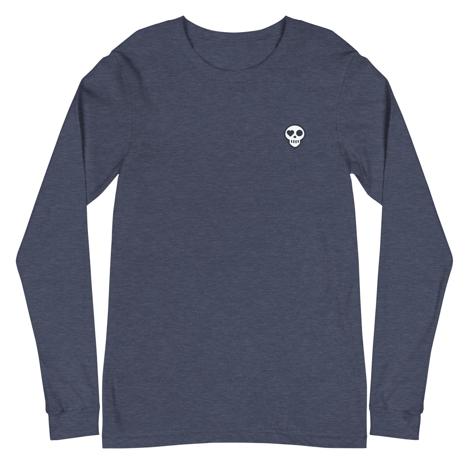 A Heather Navy / XS unisex_resurgence sleeve from Phobea with a heart eye skull logo