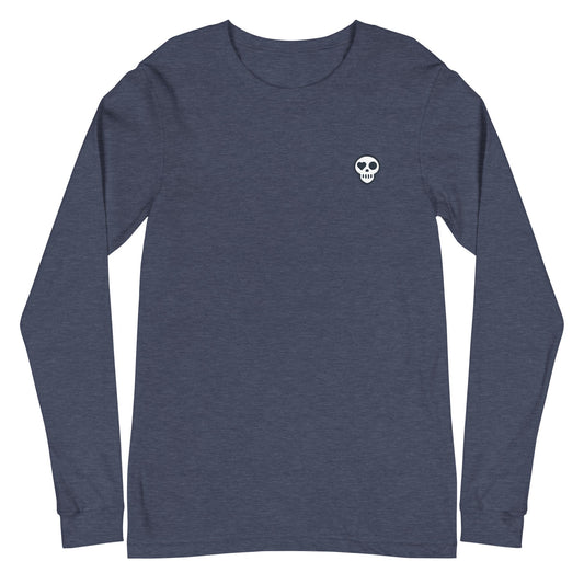 A Heather Navy / XS unisex_resurgence sleeve from Phobea with a heart eye skull logo