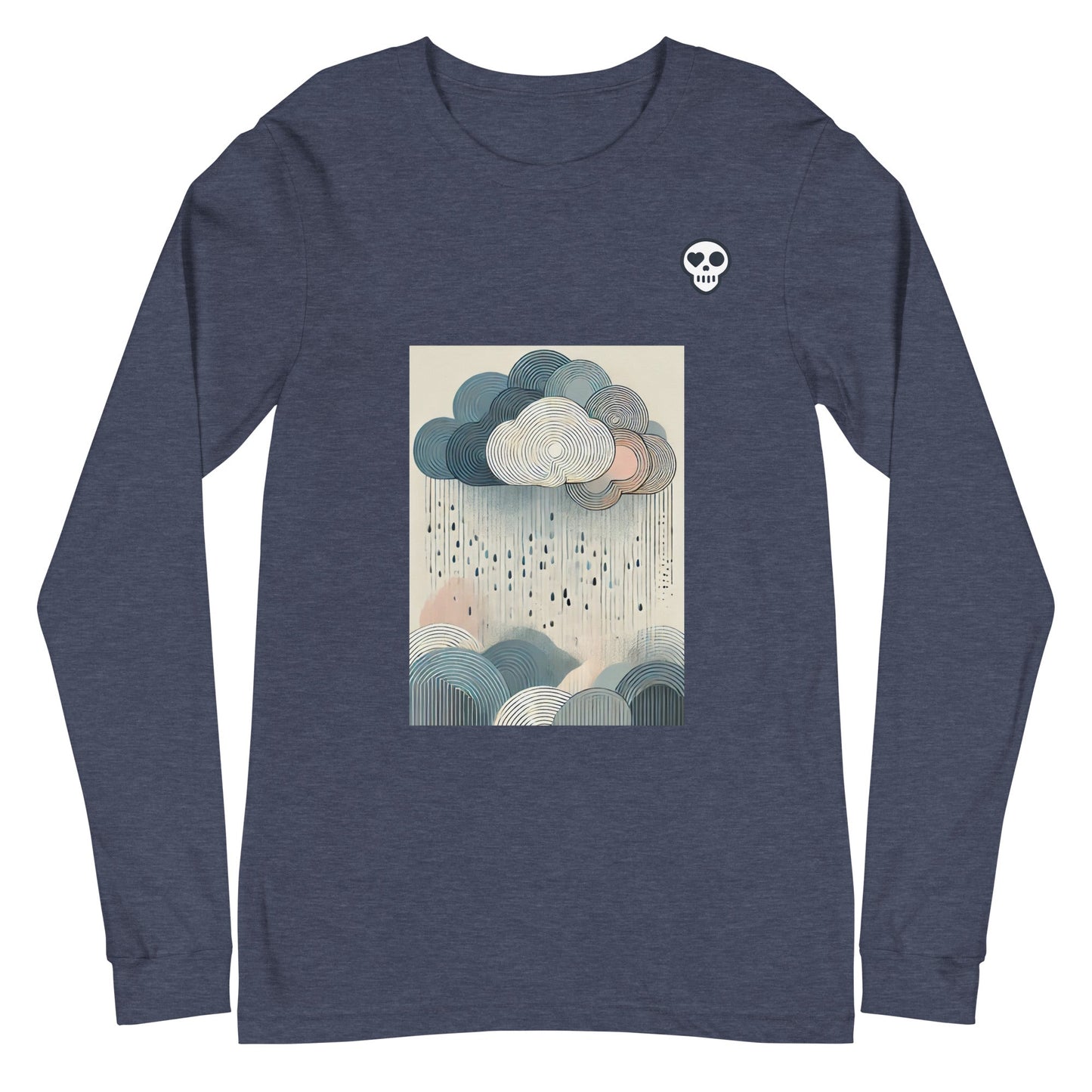 A Heather Navy / XS unisex_soft resistance long tee from Phobea with a heart eye skull logo