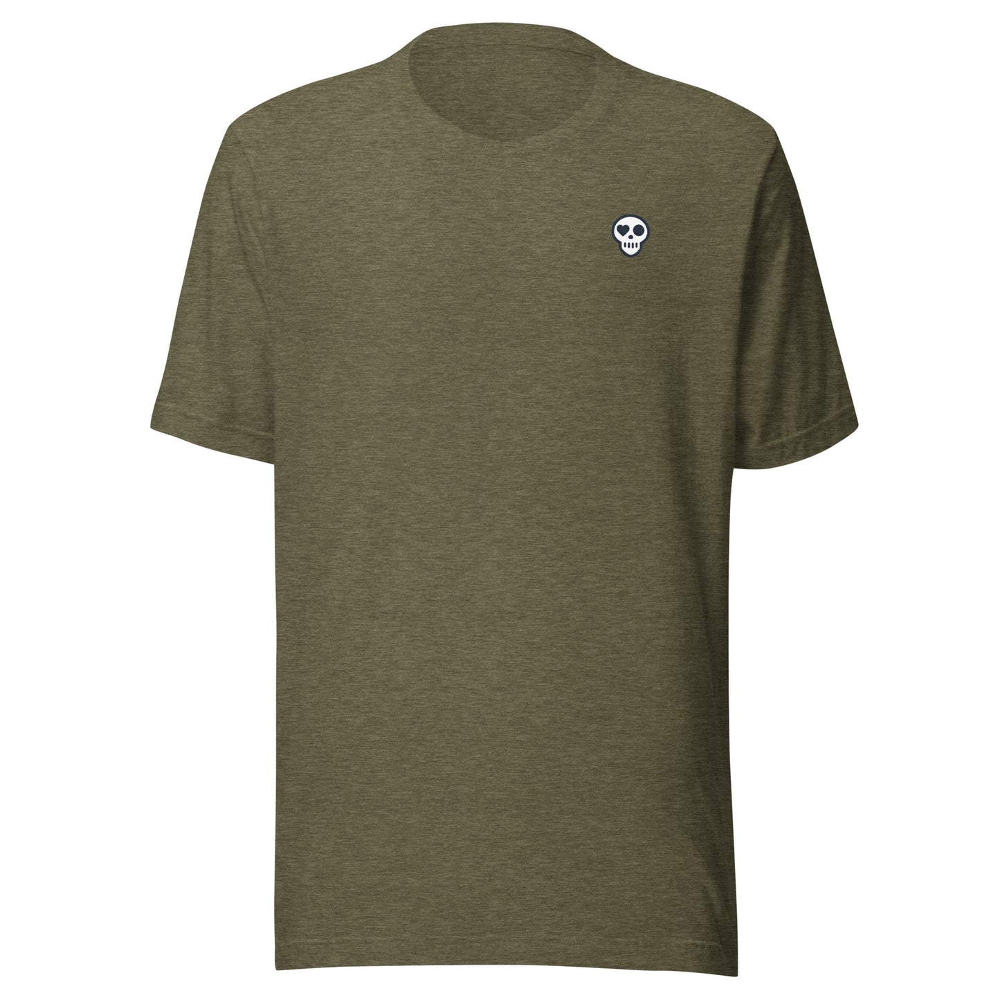 A Heather Olive / XS unisex_2i tee_reg from Phobea with a heart eye skull logo