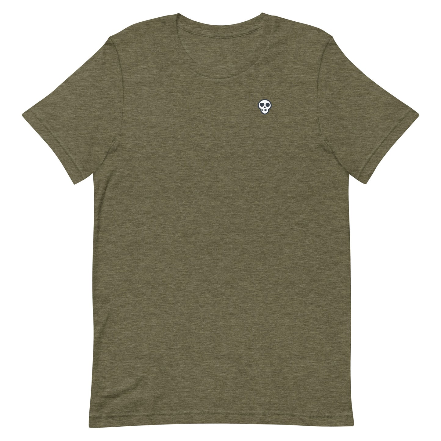 A Heather Olive / XS unisex_Ember Tee from Phobea with a heart eye skull logo