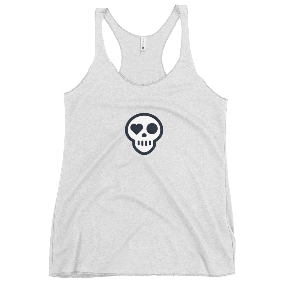 A Heather White / XS womens_Pulse Tank from Phobea with a heart eye skull logo