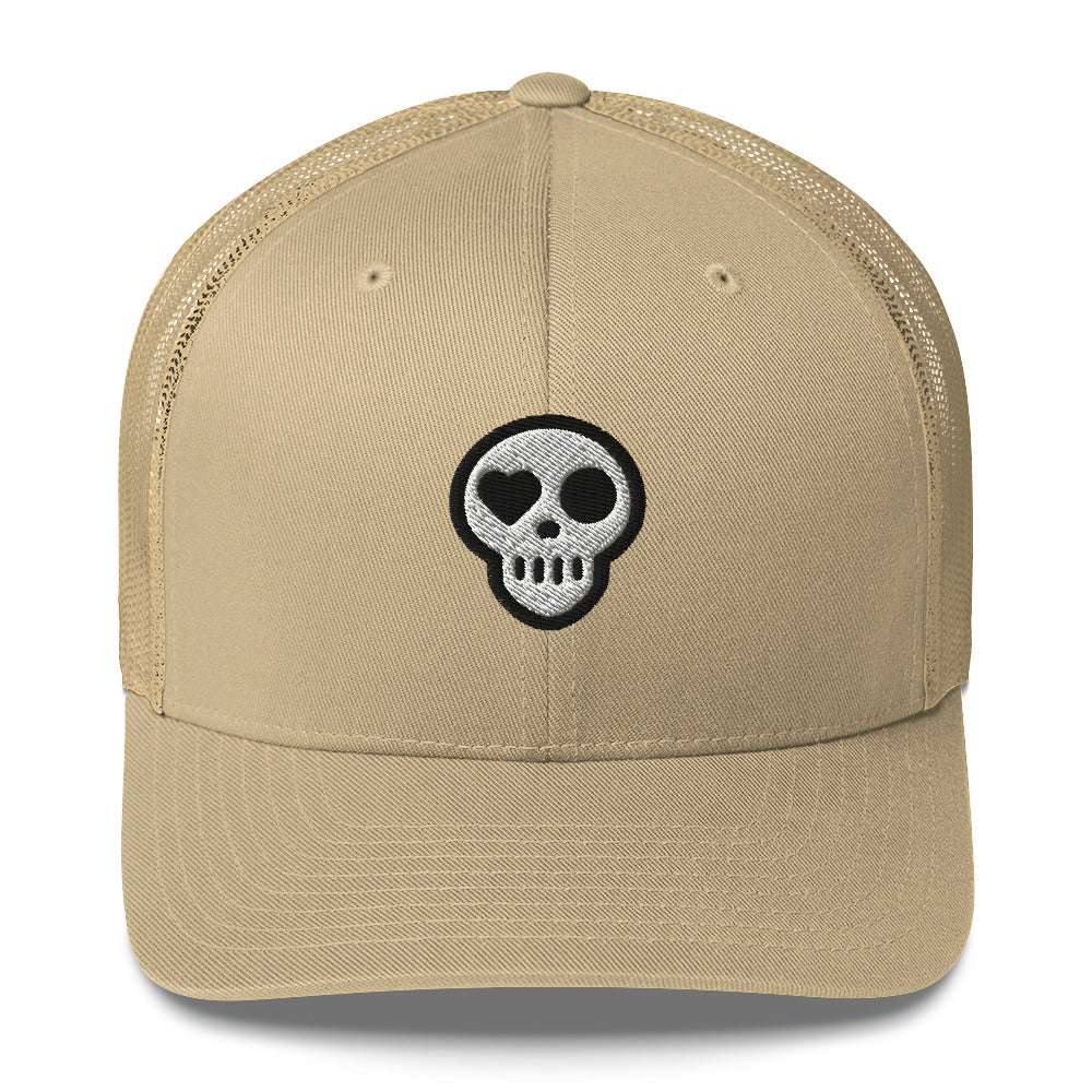 A Khaki Hats - Nomad Trucker from Phobea with a heart eye skull logo