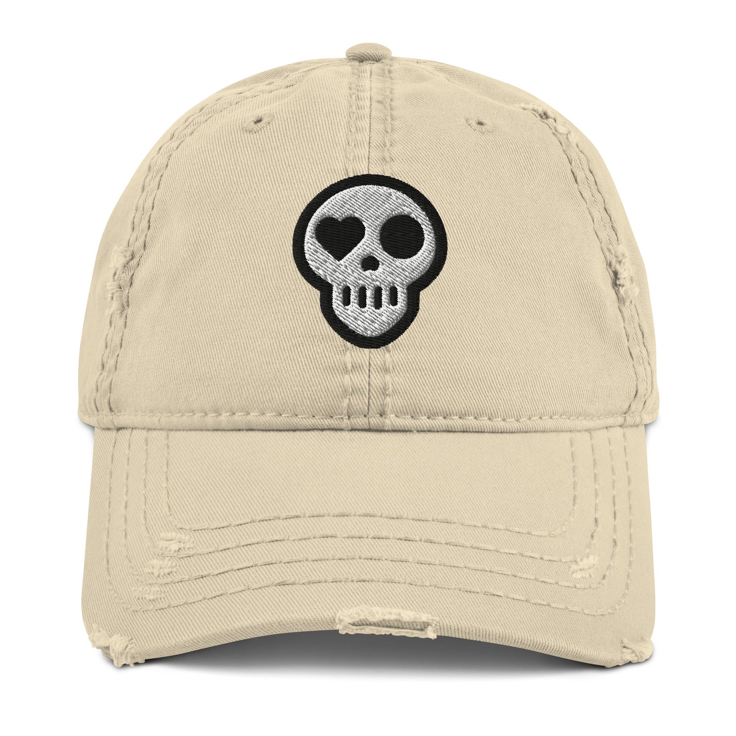 A Khaki hats_requiem cap from Phobea with a heart eye skull logo