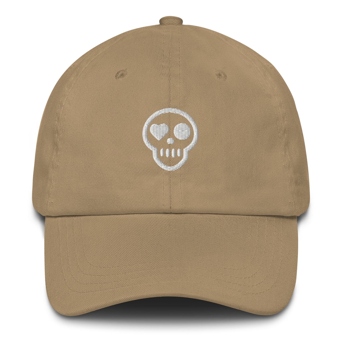 A Khaki hats_specter from Phobea with a heart eye skull logo