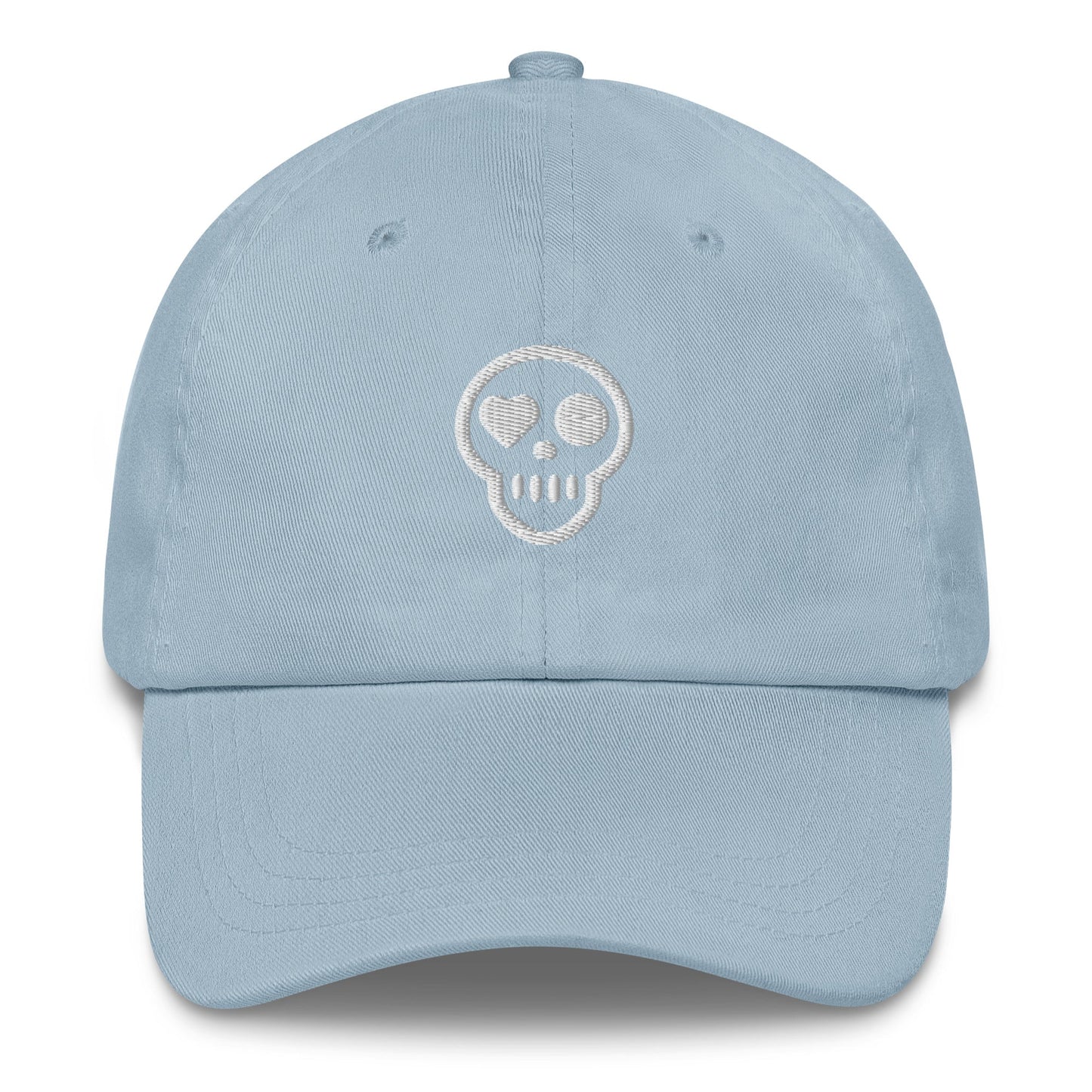 A Light Blue hats_specter from Phobea with a heart eye skull logo