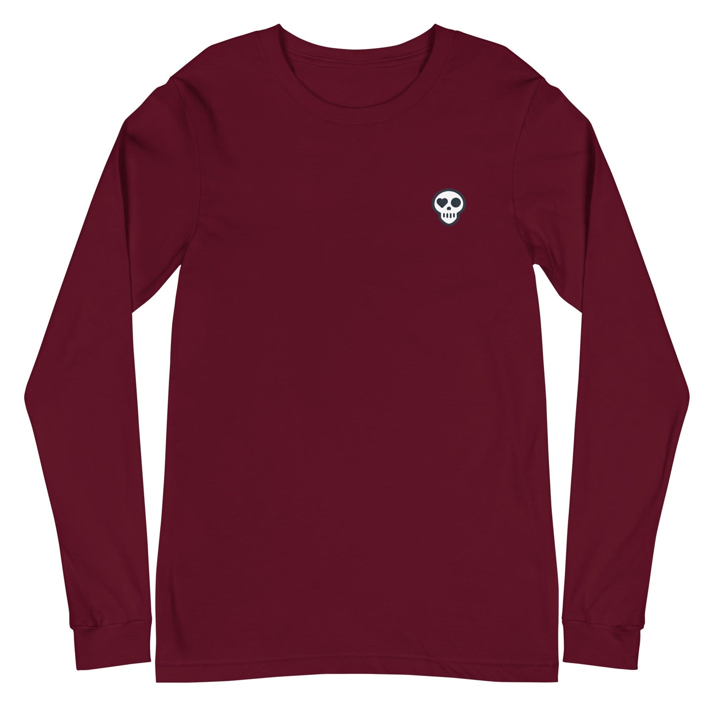 A Maroon / XS unisex_resurgence sleeve from Phobea with a heart eye skull logo