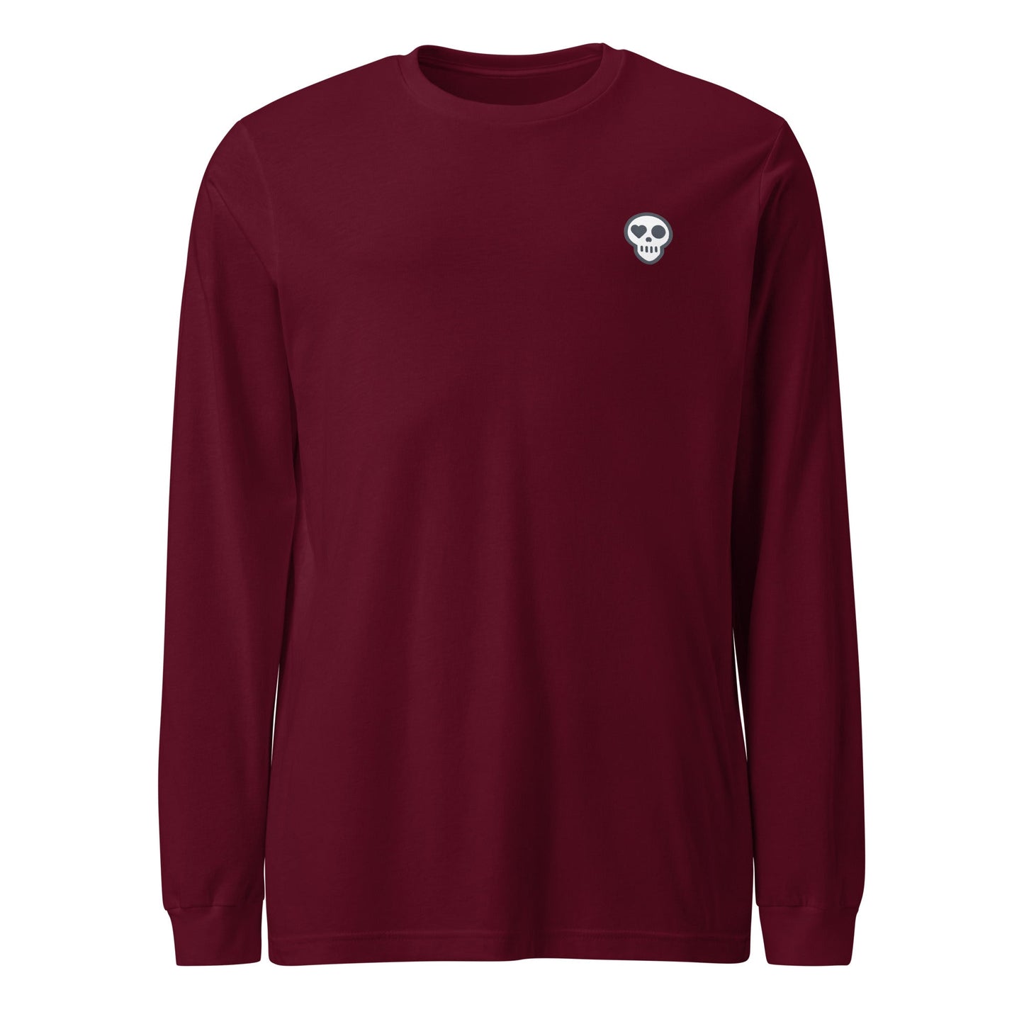 A Maroon / XS unisex_strong_tee_longsleeve from Phobea with a heart eye skull logo
