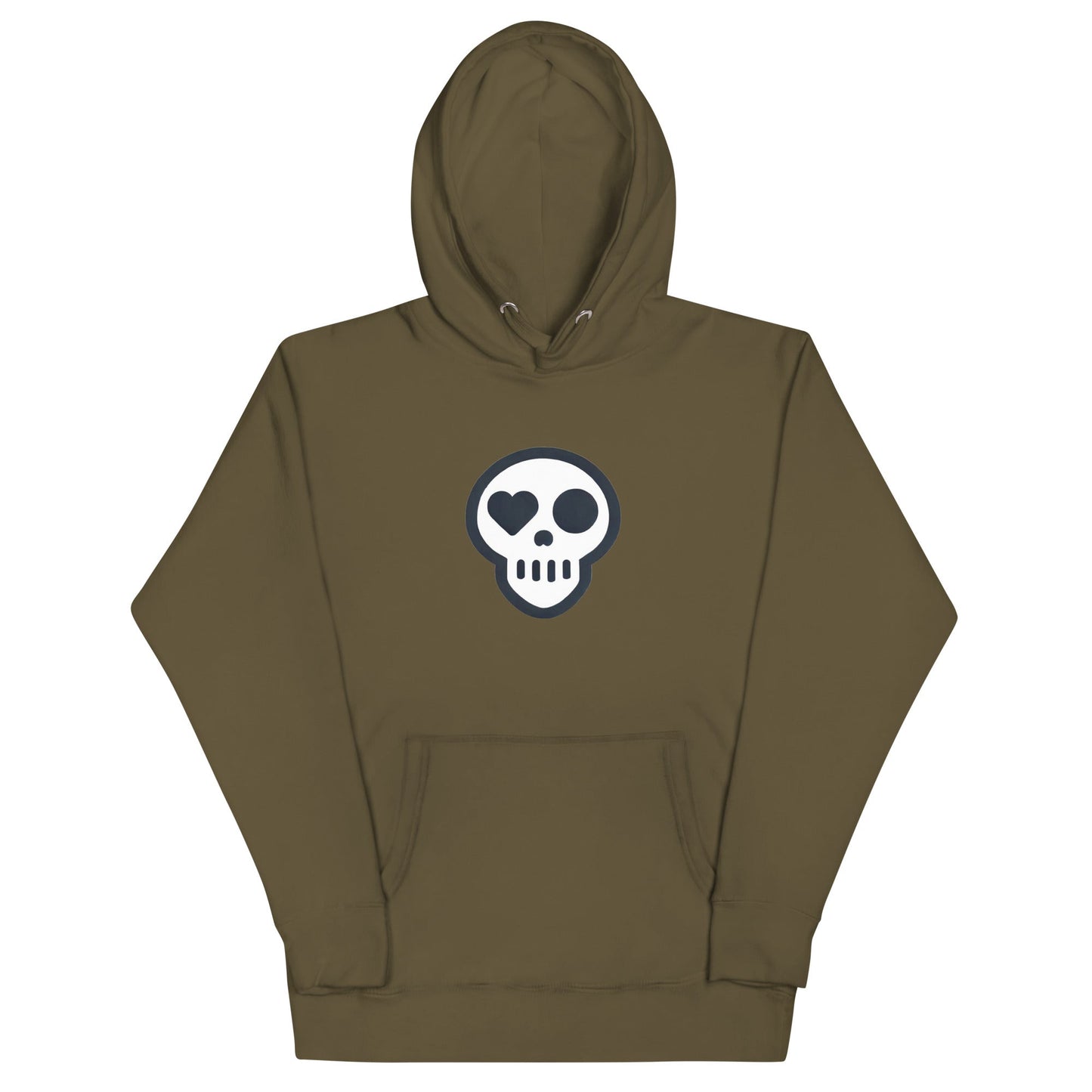 A Military Green / S unisex_Afterlife Hoodie from Phobea with a heart eye skull logo