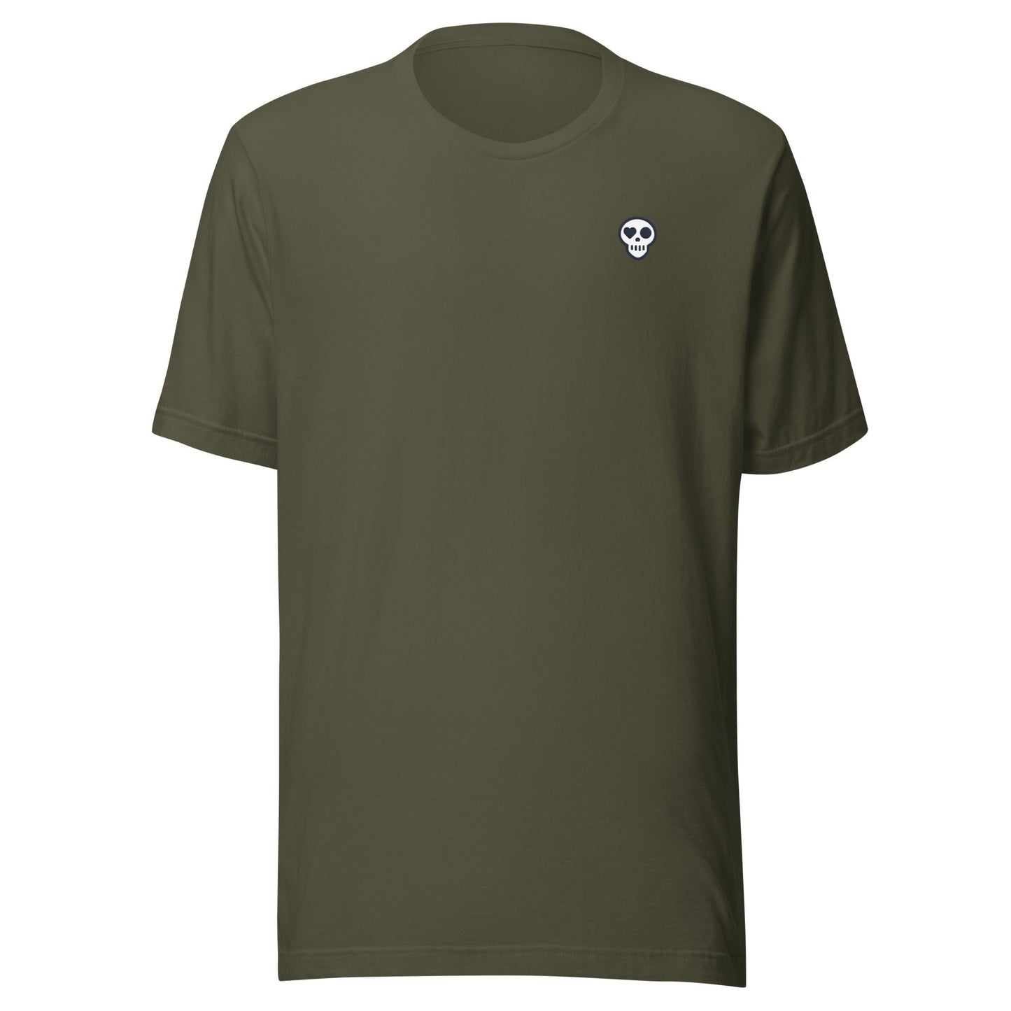 A Military Green / XS unisex_2i tee_reg from Phobea with a heart eye skull logo