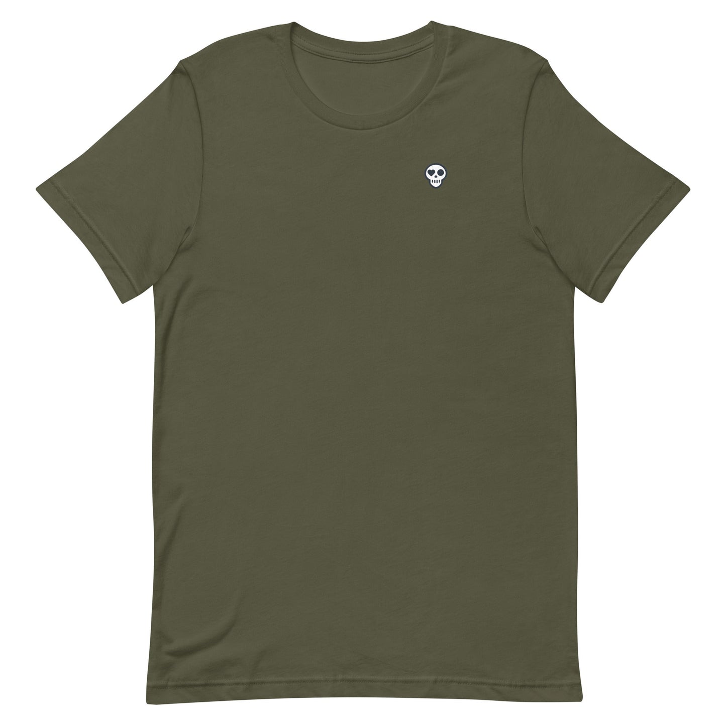 A Military Green / XS unisex_Ember Tee from Phobea with a heart eye skull logo