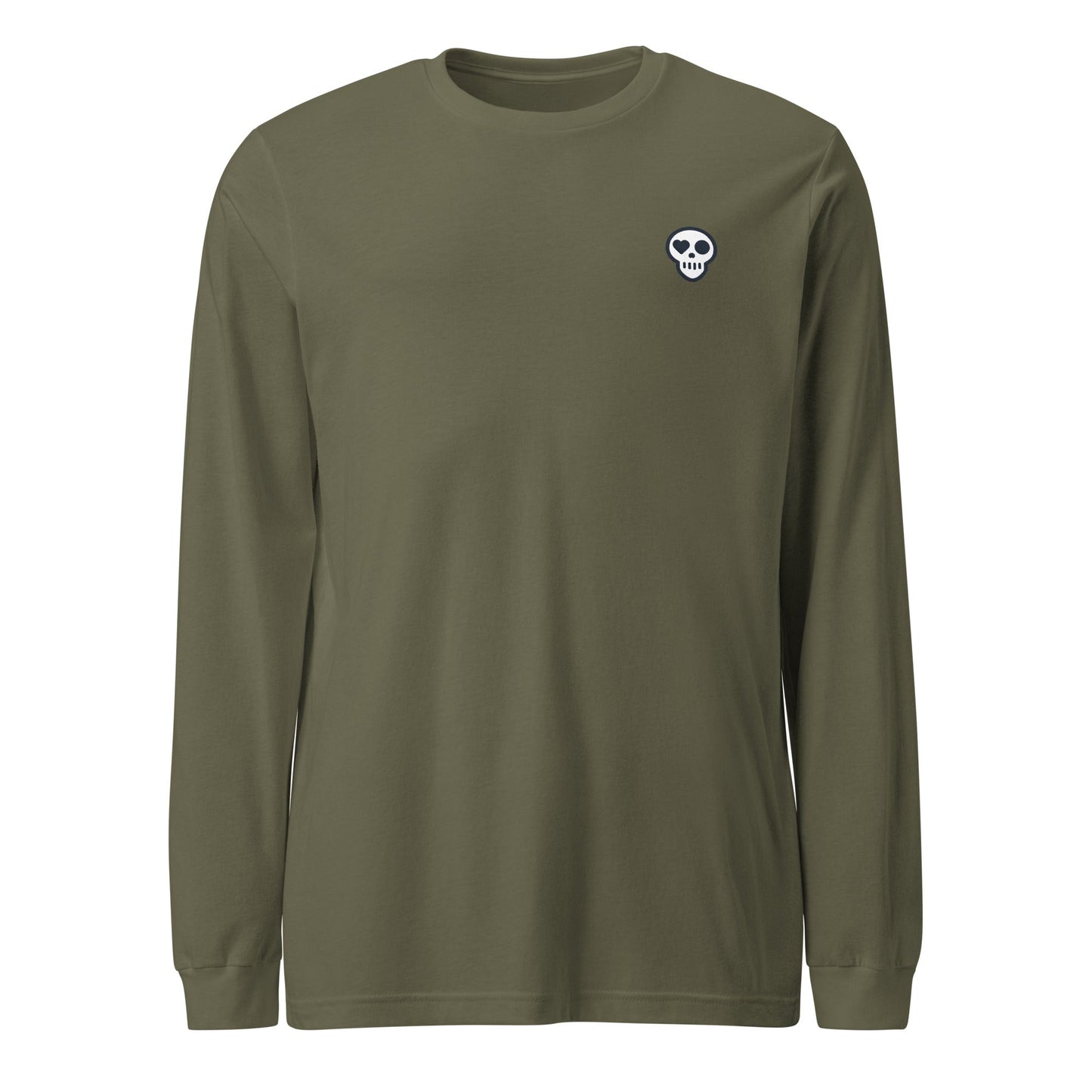 A Military Green / XS unisex_no_i_tee_longsleeve from Phobea with a heart eye skull logo