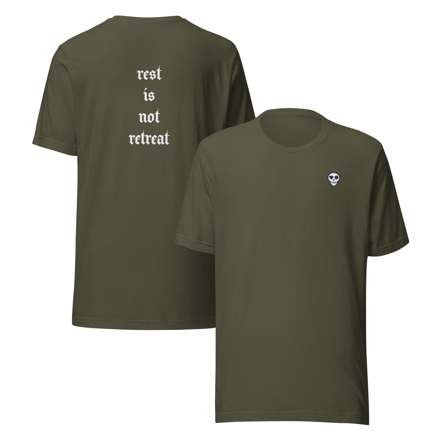 A Military Green / XS unisex_rest_tee_reg from Phobea with a heart eye skull logo