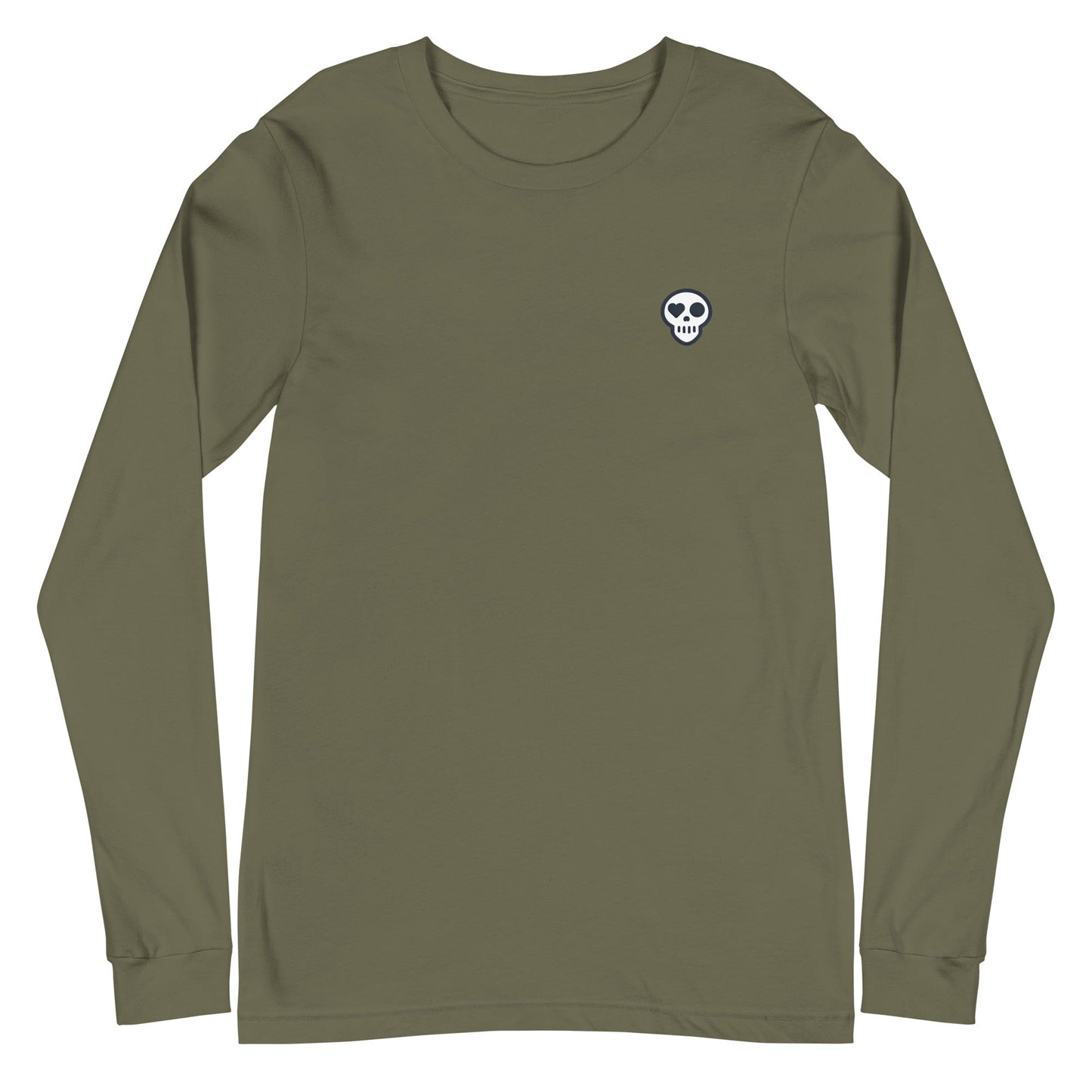 A Military Green / XS unisex_resurgence sleeve from Phobea with a heart eye skull logo
