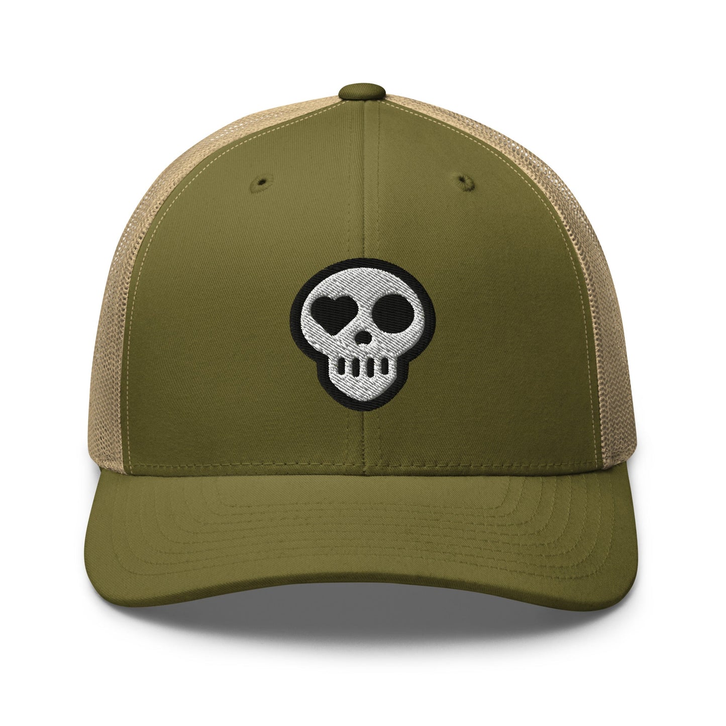A Moss/ Khaki hats_nomad trucker from Phobea with a heart eye skull logo