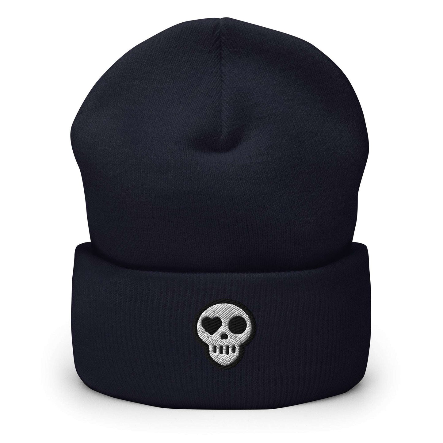 A Navy Hats - Hearth Beanie from Phobea with a heart eye skull logo