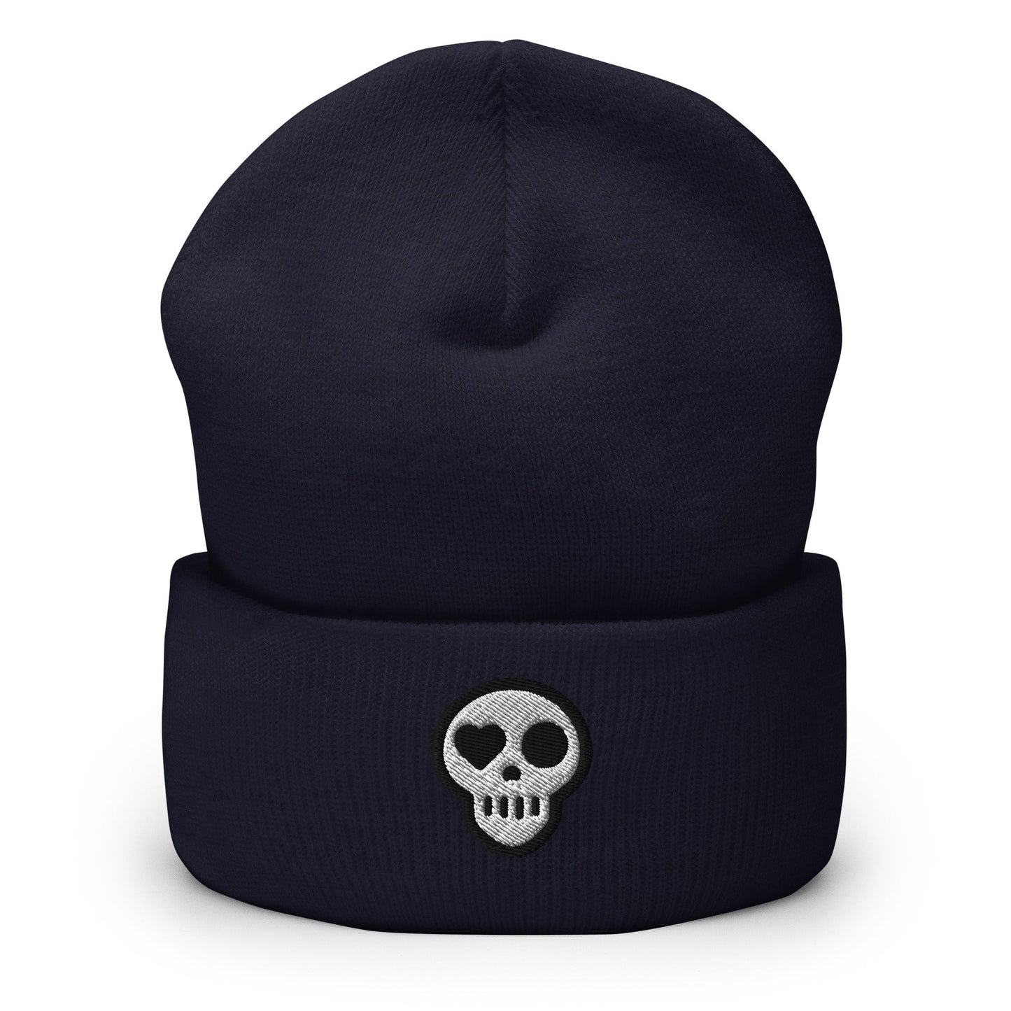 A Navy hats_hearth beanie from Phobea with a heart eye skull logo