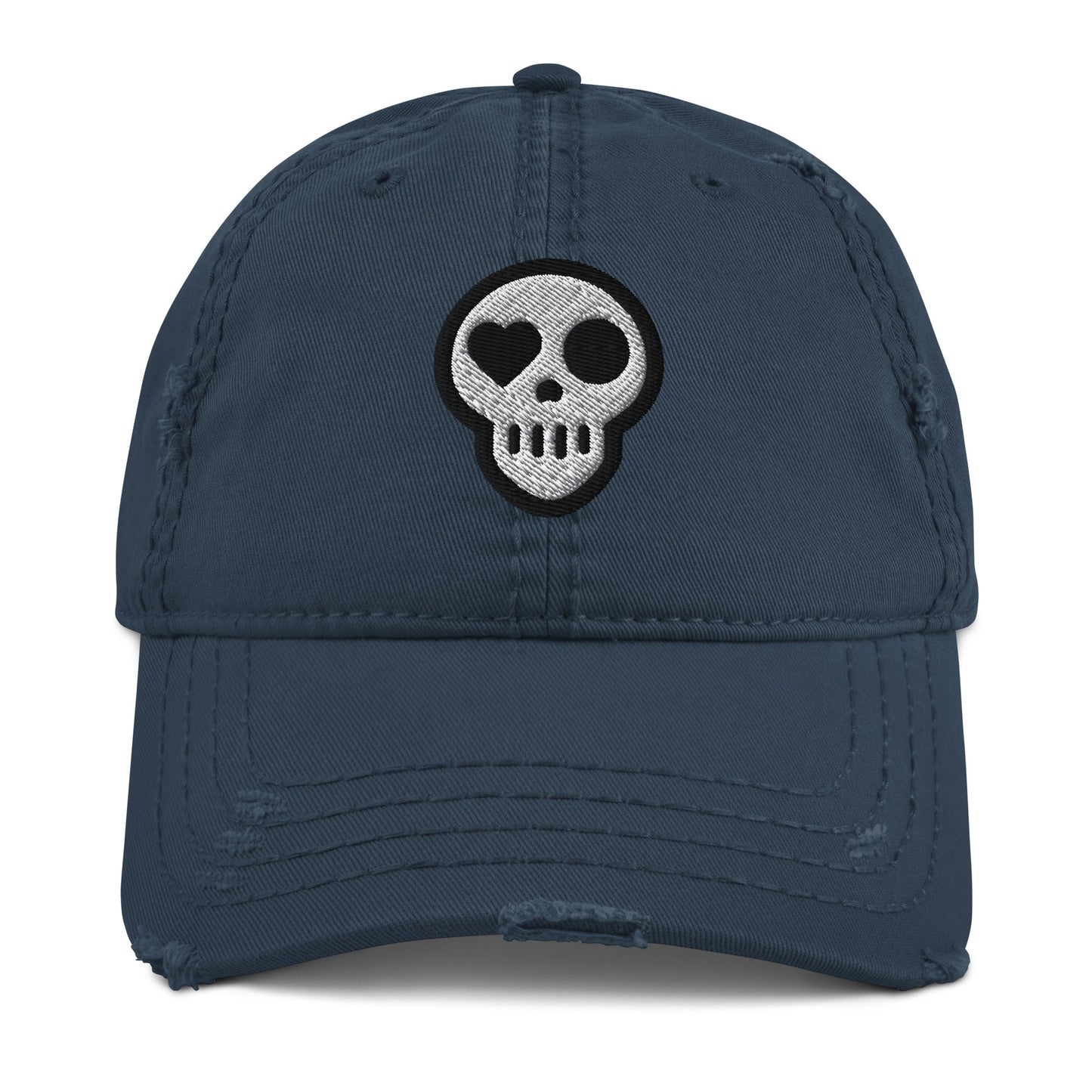 A Navy hats_requiem cap from Phobea with a heart eye skull logo