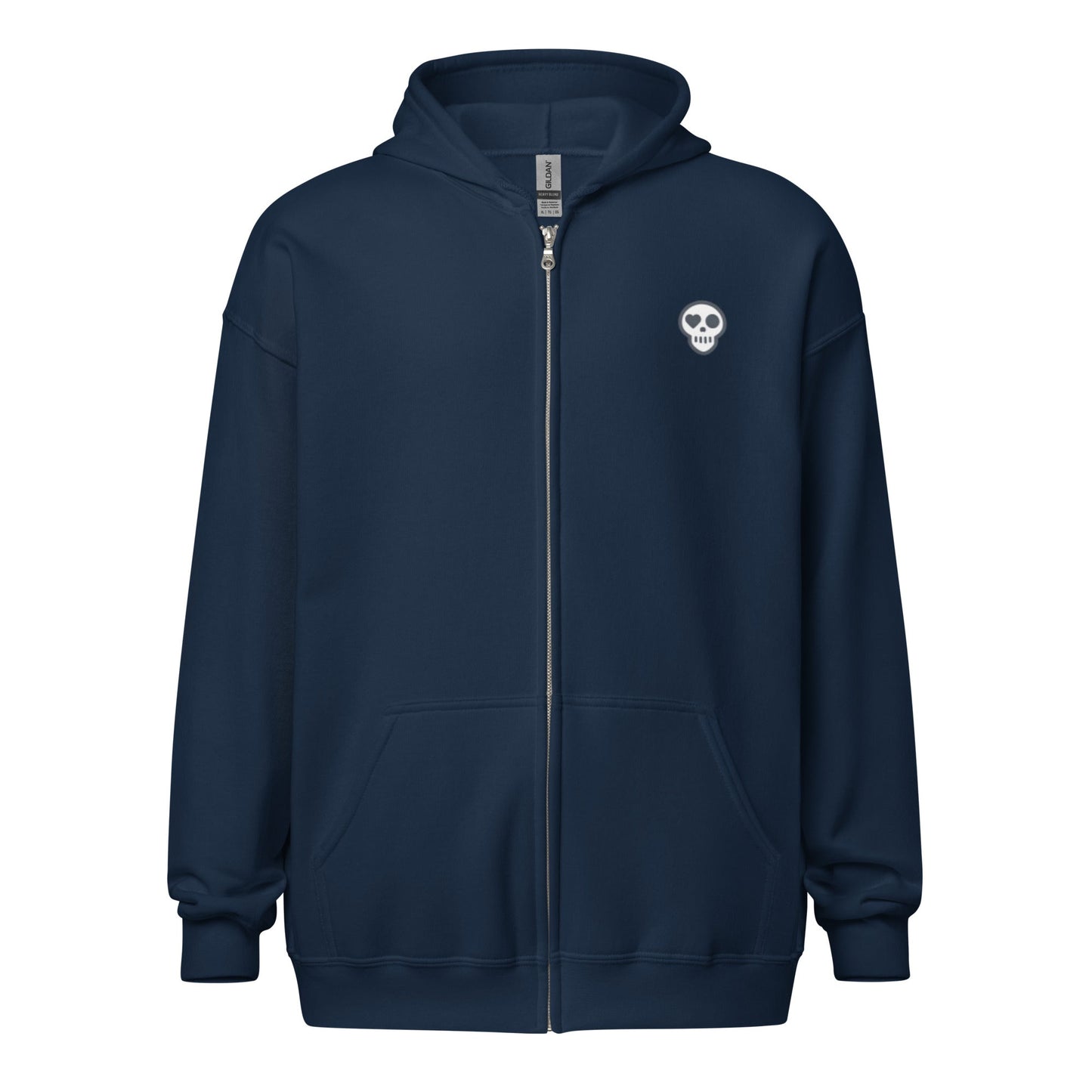 A Navy / S unisex_phantom zip from Phobea with a heart eye skull logo