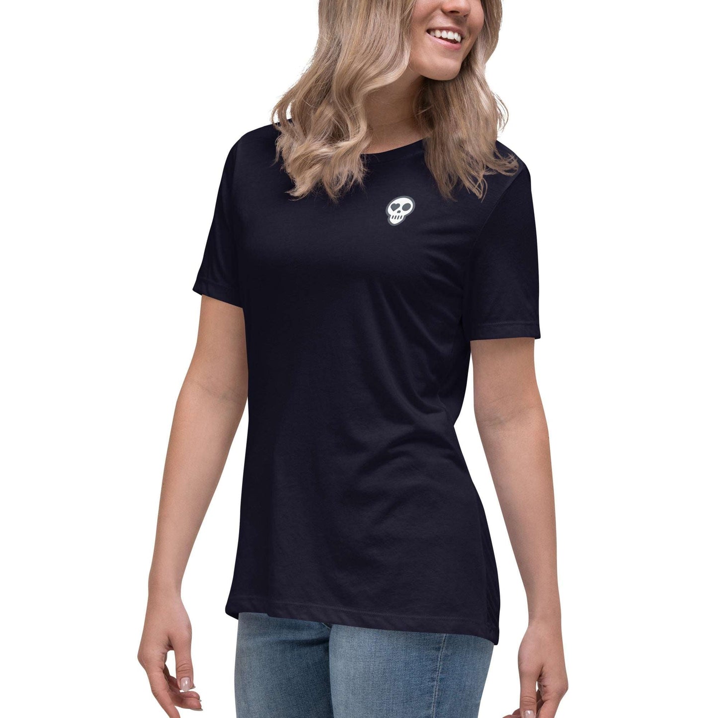 A Navy / S womens_Echo Tee from Phobea with a heart eye skull logo
