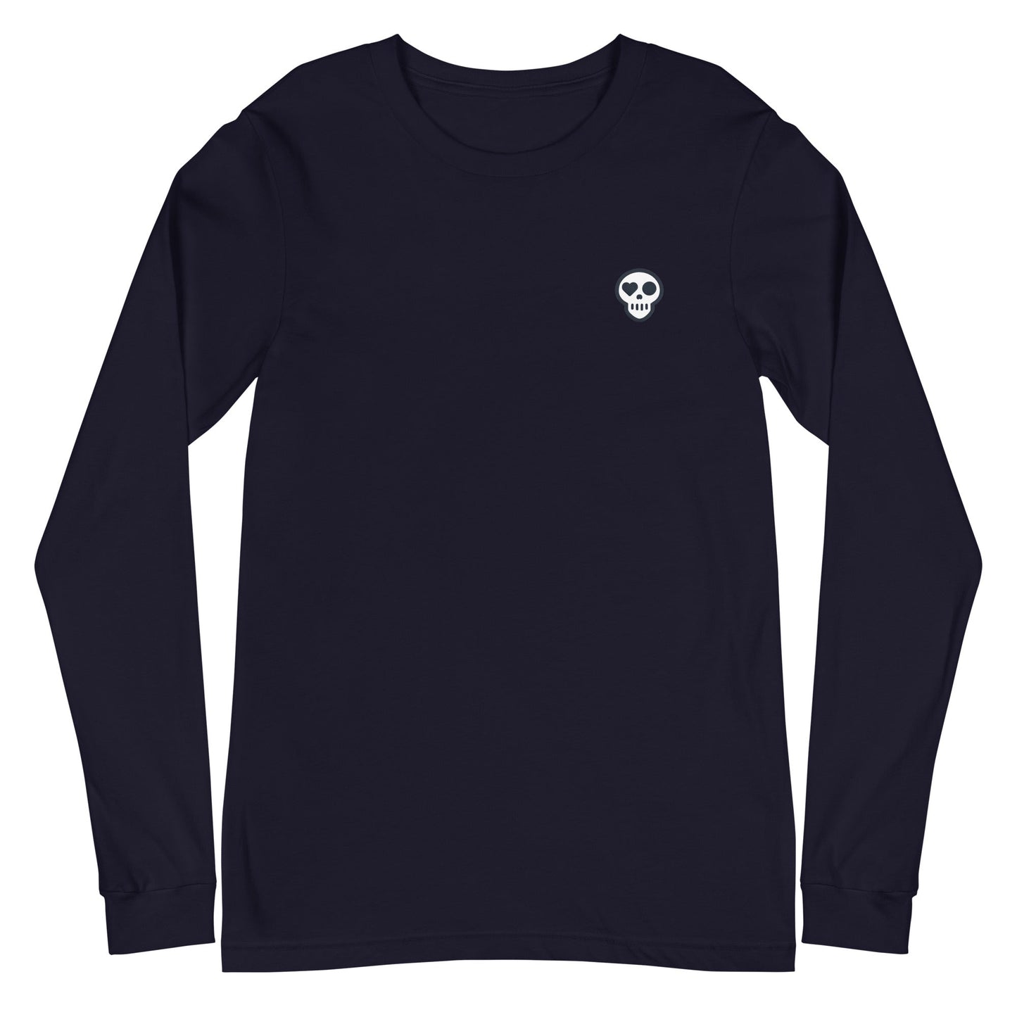 A Navy / XS unisex_resurgence sleeve from Phobea with a heart eye skull logo