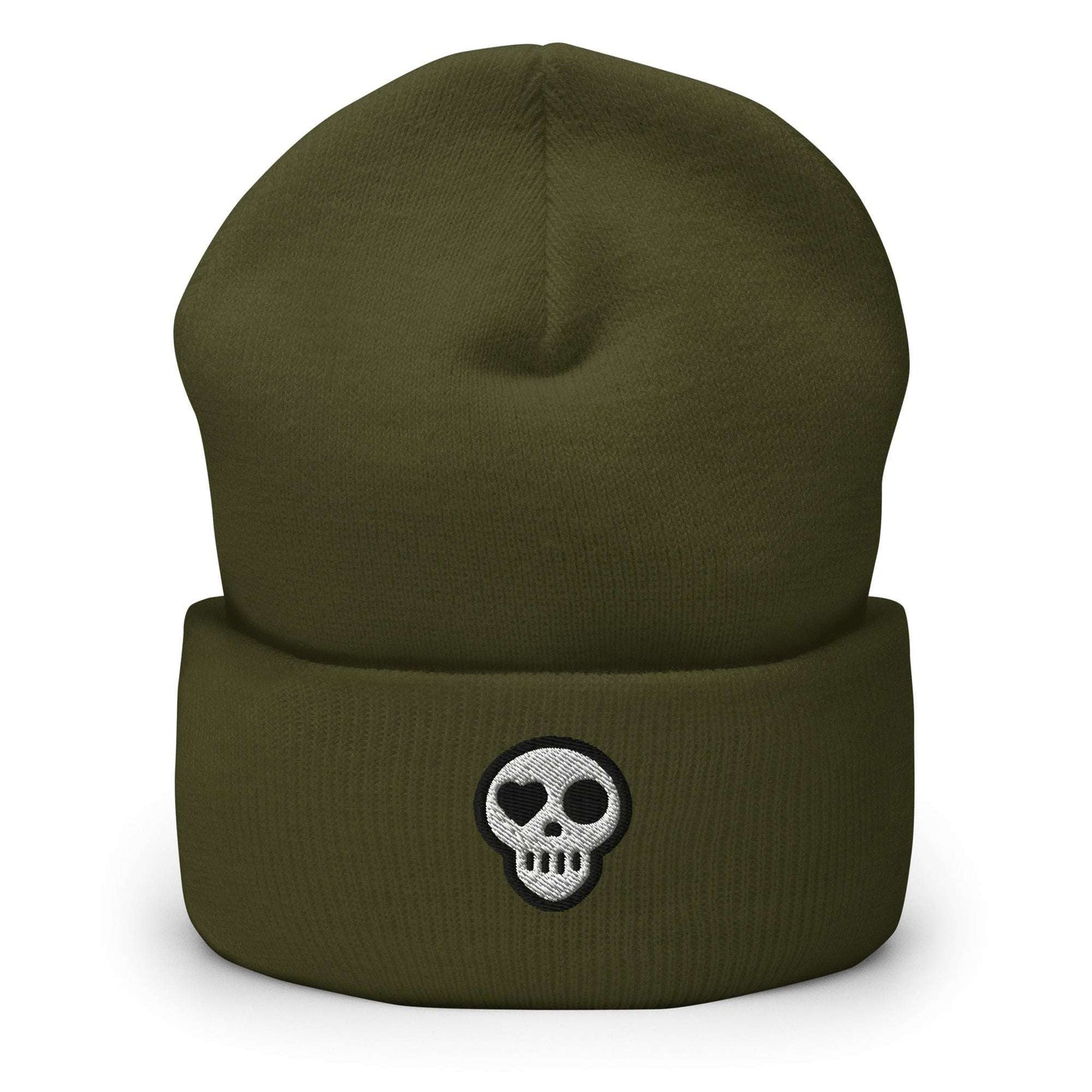 A Olive Hats - Hearth Beanie from Phobea with a heart eye skull logo