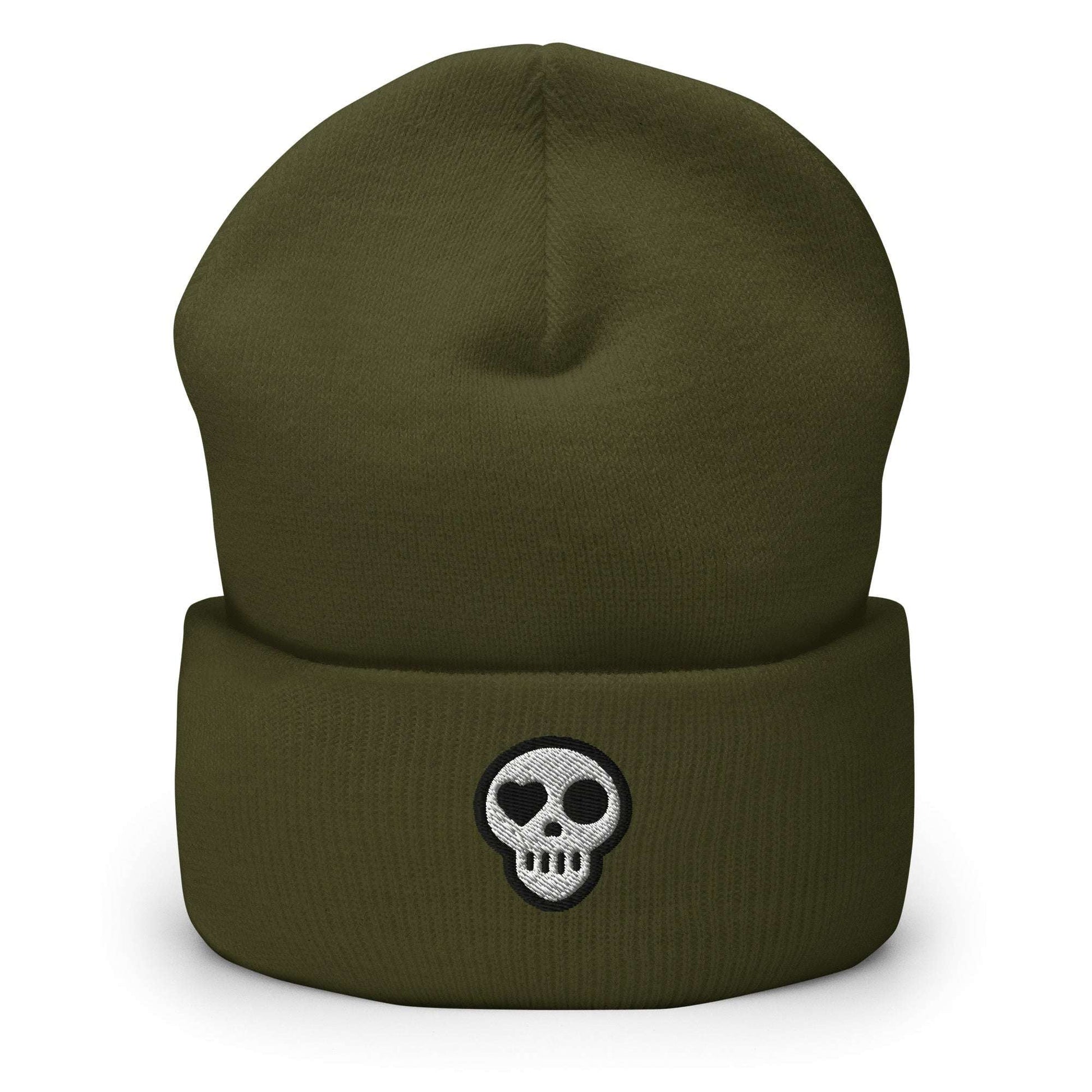 A Olive Hats - Hearth Beanie from Phobea with a heart eye skull logo