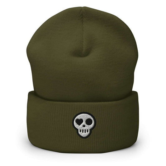 A Olive Hats - Hearth Beanie from Phobea with a heart eye skull logo
