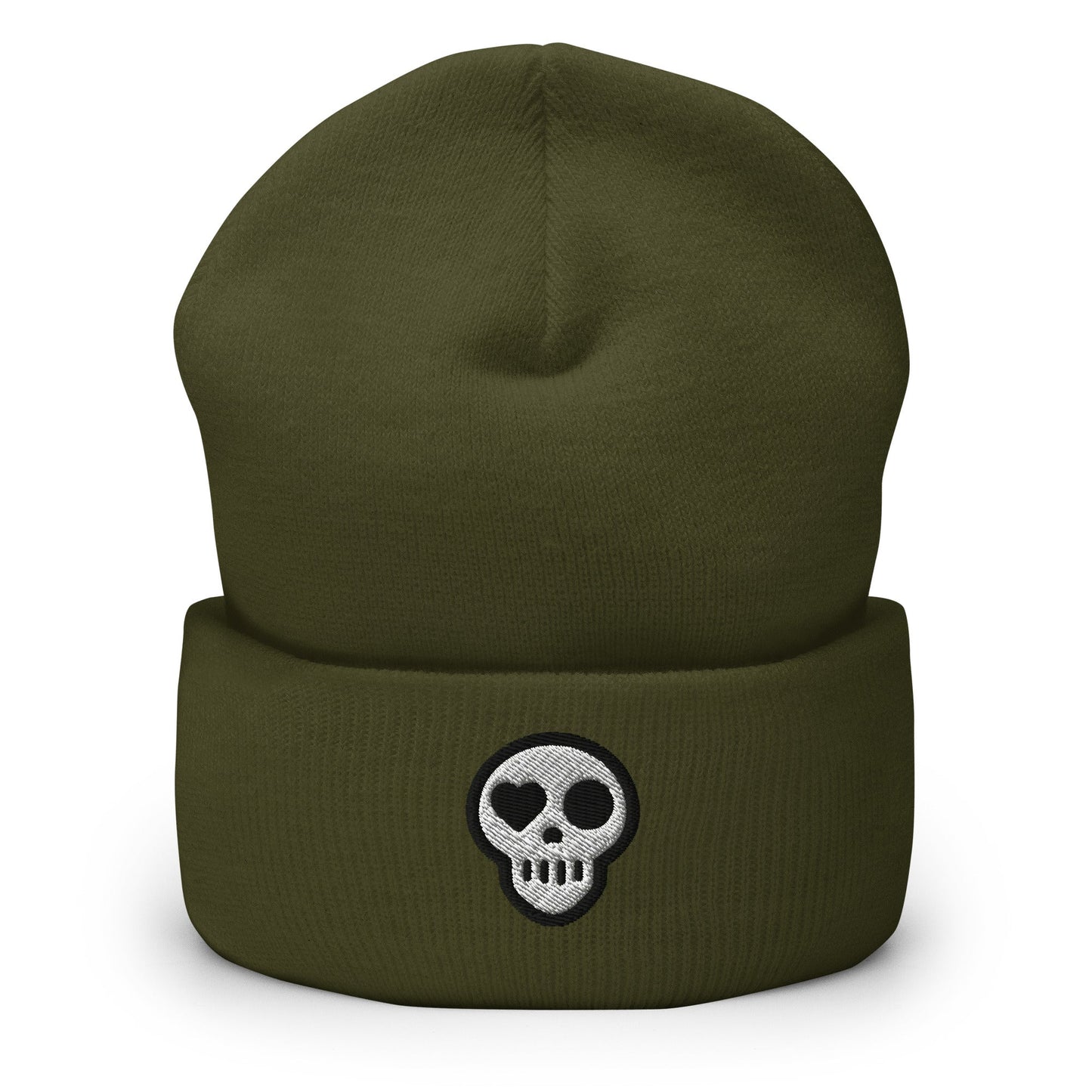 A Olive hats_hearth beanie from Phobea with a heart eye skull logo
