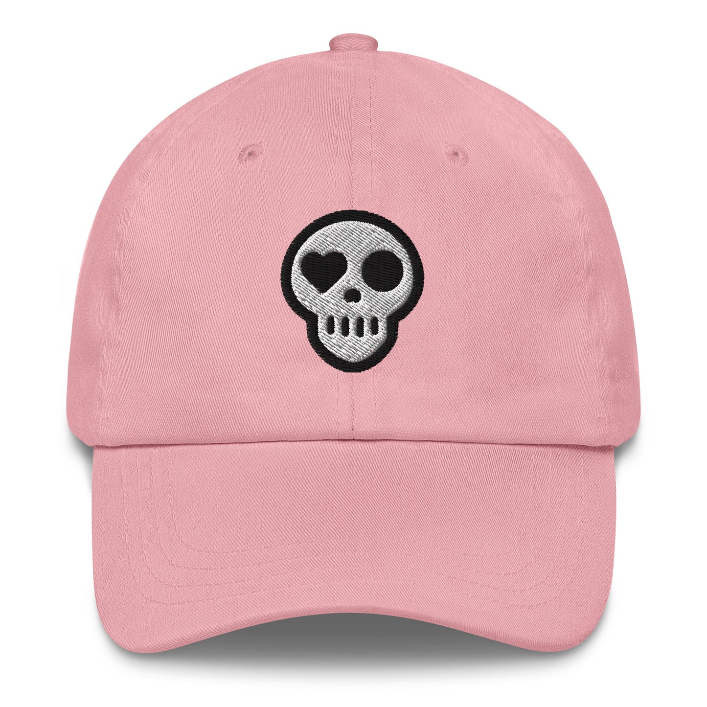 A Pink hats_legacy from Phobea with a heart eye skull logo