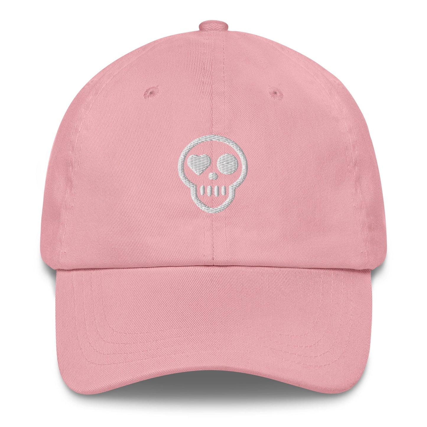 A Pink hats_specter from Phobea with a heart eye skull logo