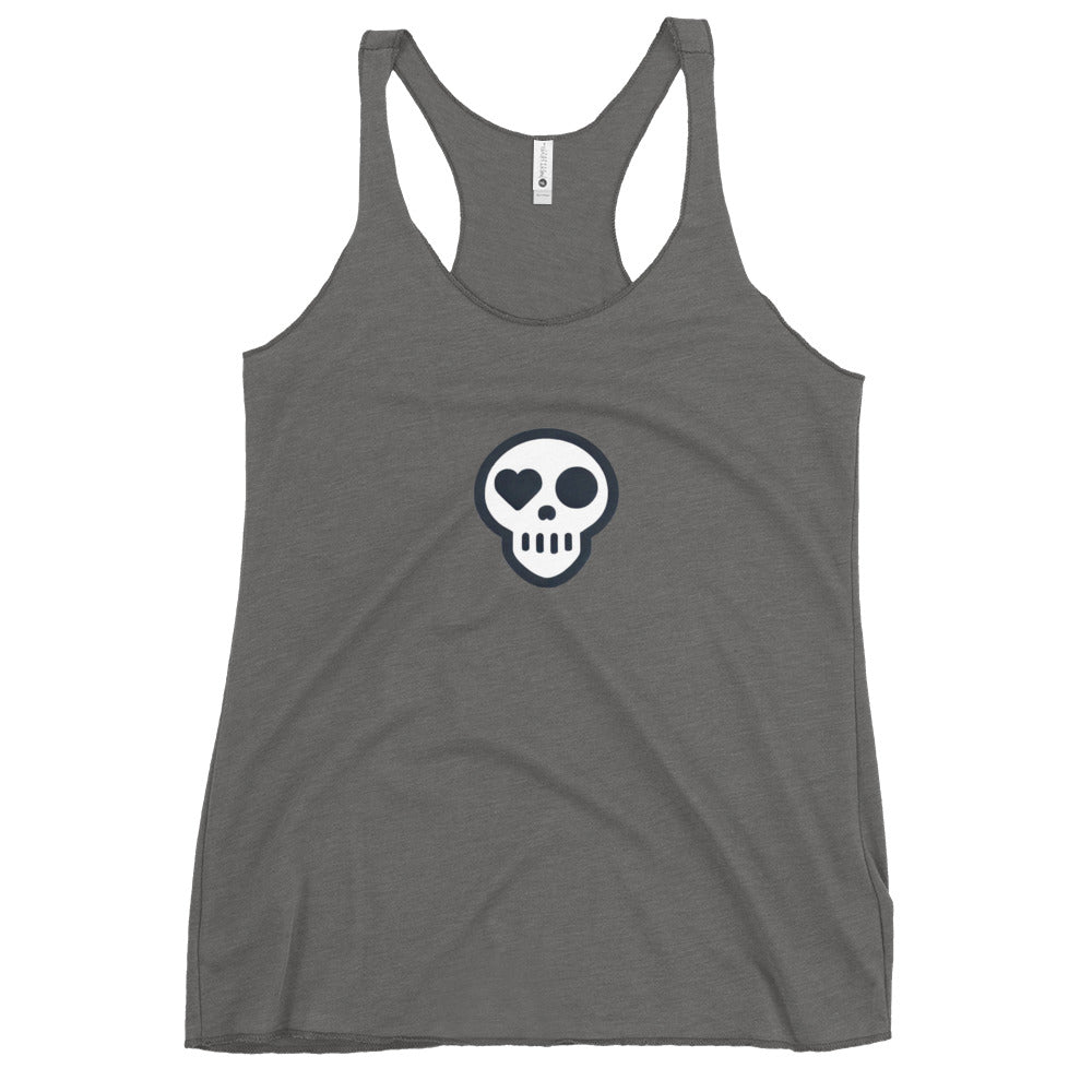 A Premium Heather / XS womens_Pulse Tank from Phobea with a heart eye skull logo