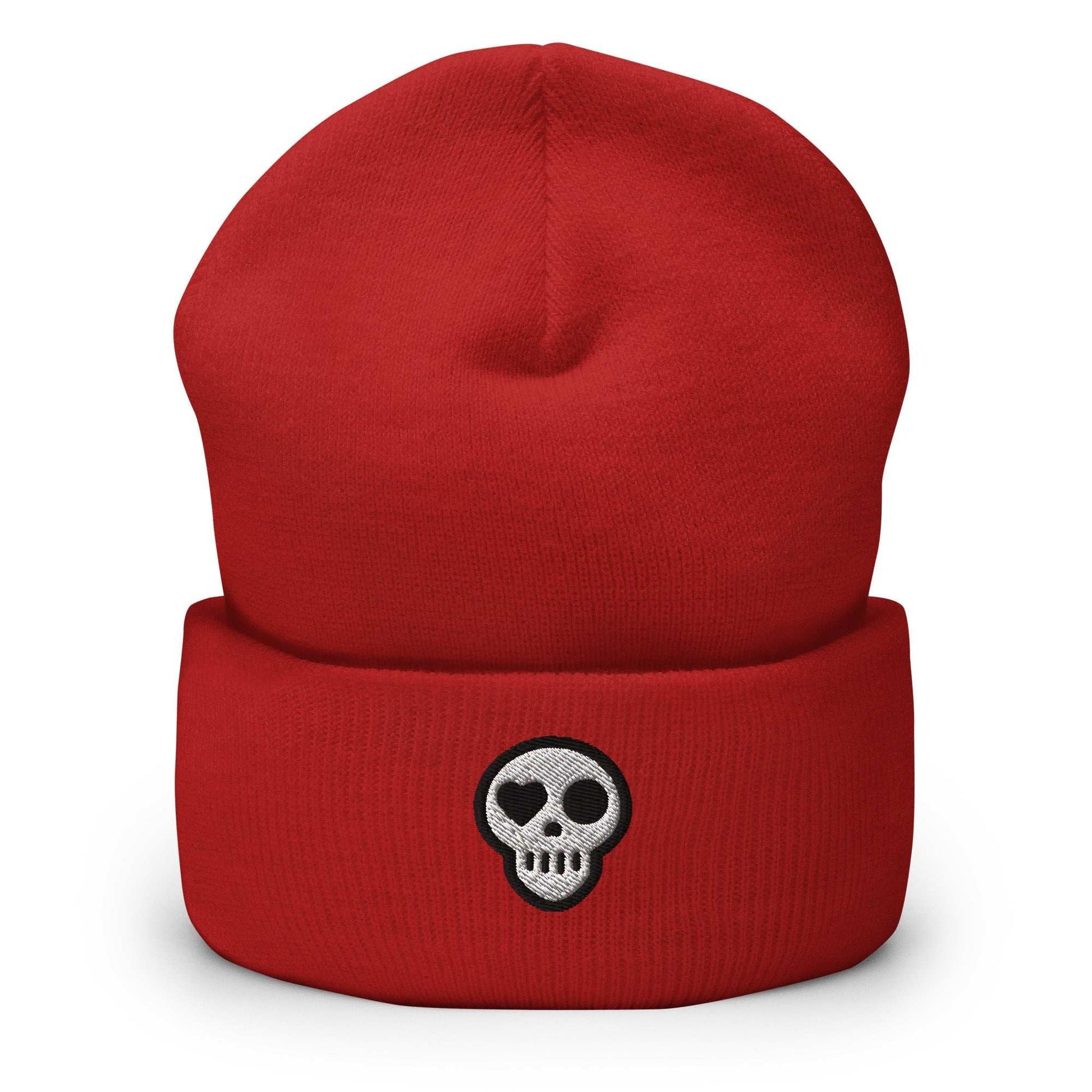 A Red Hats - Hearth Beanie from Phobea with a heart eye skull logo