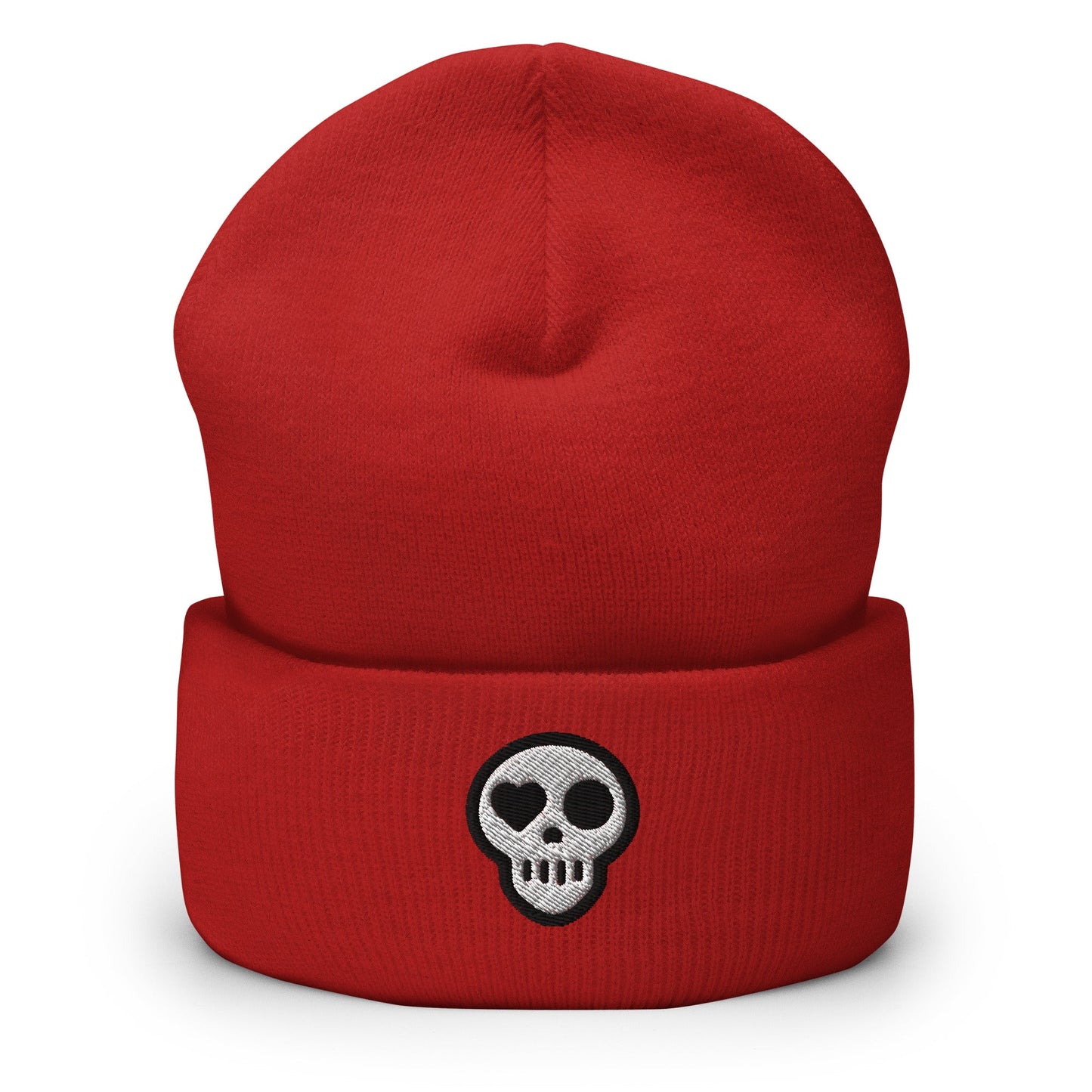 A Red hats_hearth beanie from Phobea with a heart eye skull logo