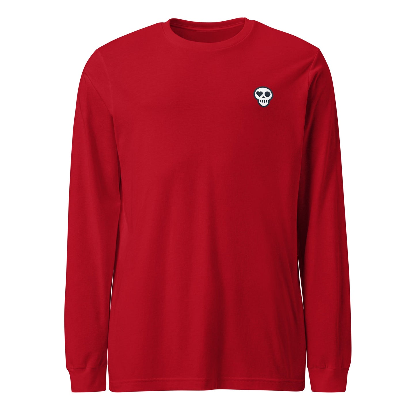 A Red / XS unisex_strong_tee_longsleeve from Phobea with a heart eye skull logo