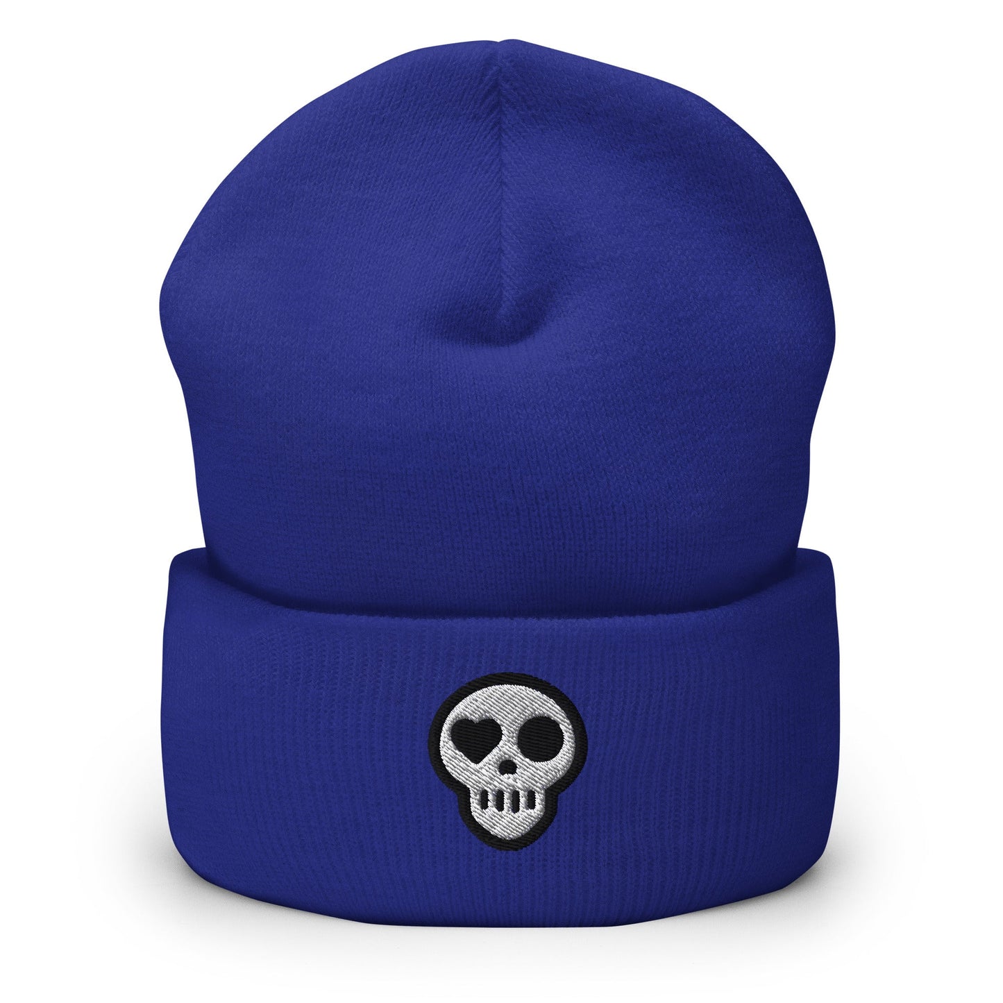 A Royal hats_hearth beanie from Phobea with a heart eye skull logo